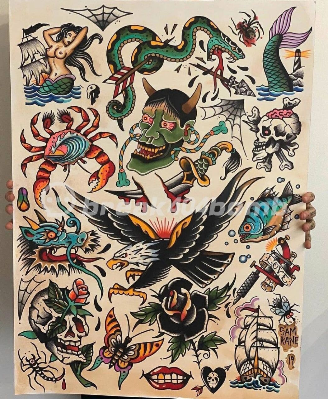彩色oldschool纹身手稿|花臂拼接素材 适合喜欢彩色的欧美拼接花臂 小
