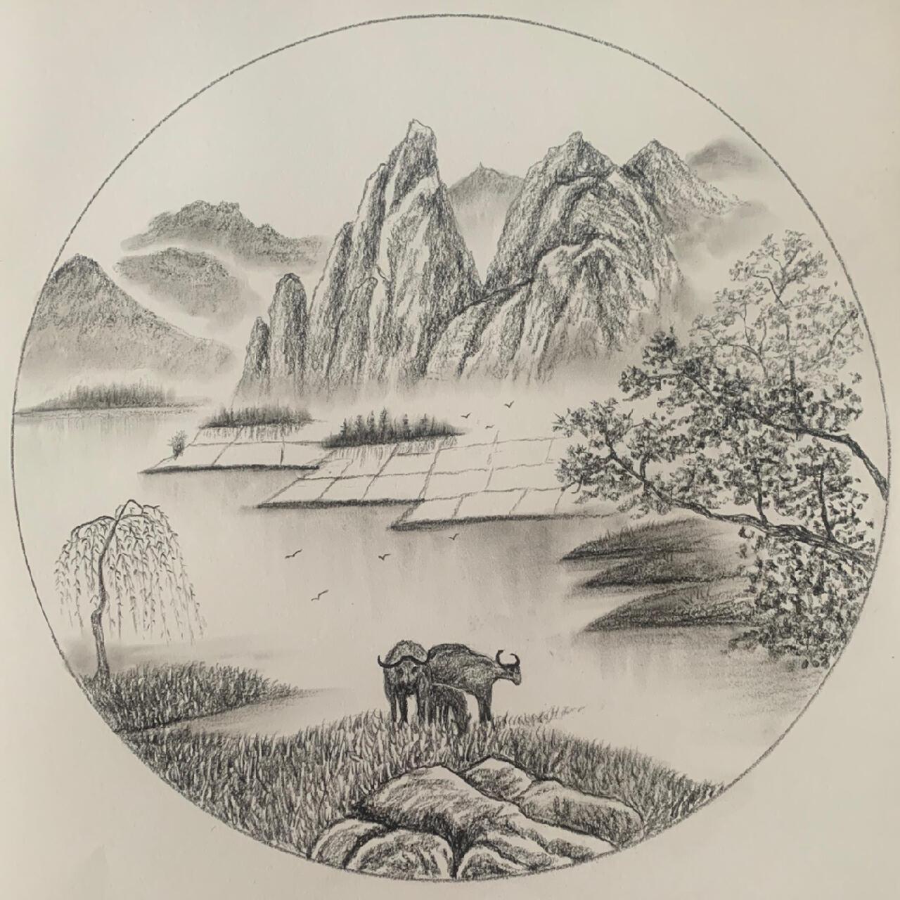 炭笔素描风景画 春