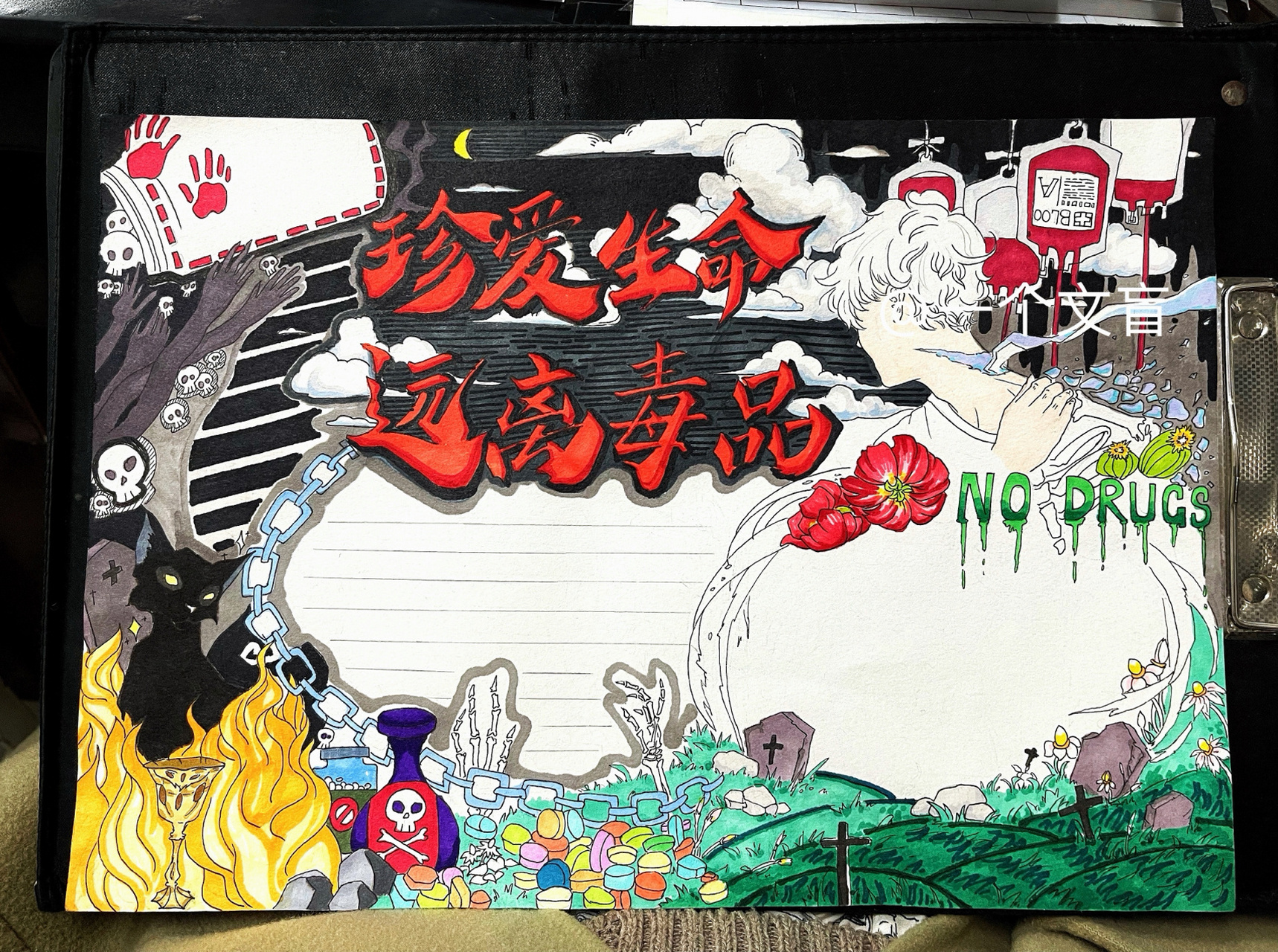 禁毒主题画手抄报上色版 暗黑系手抄报.