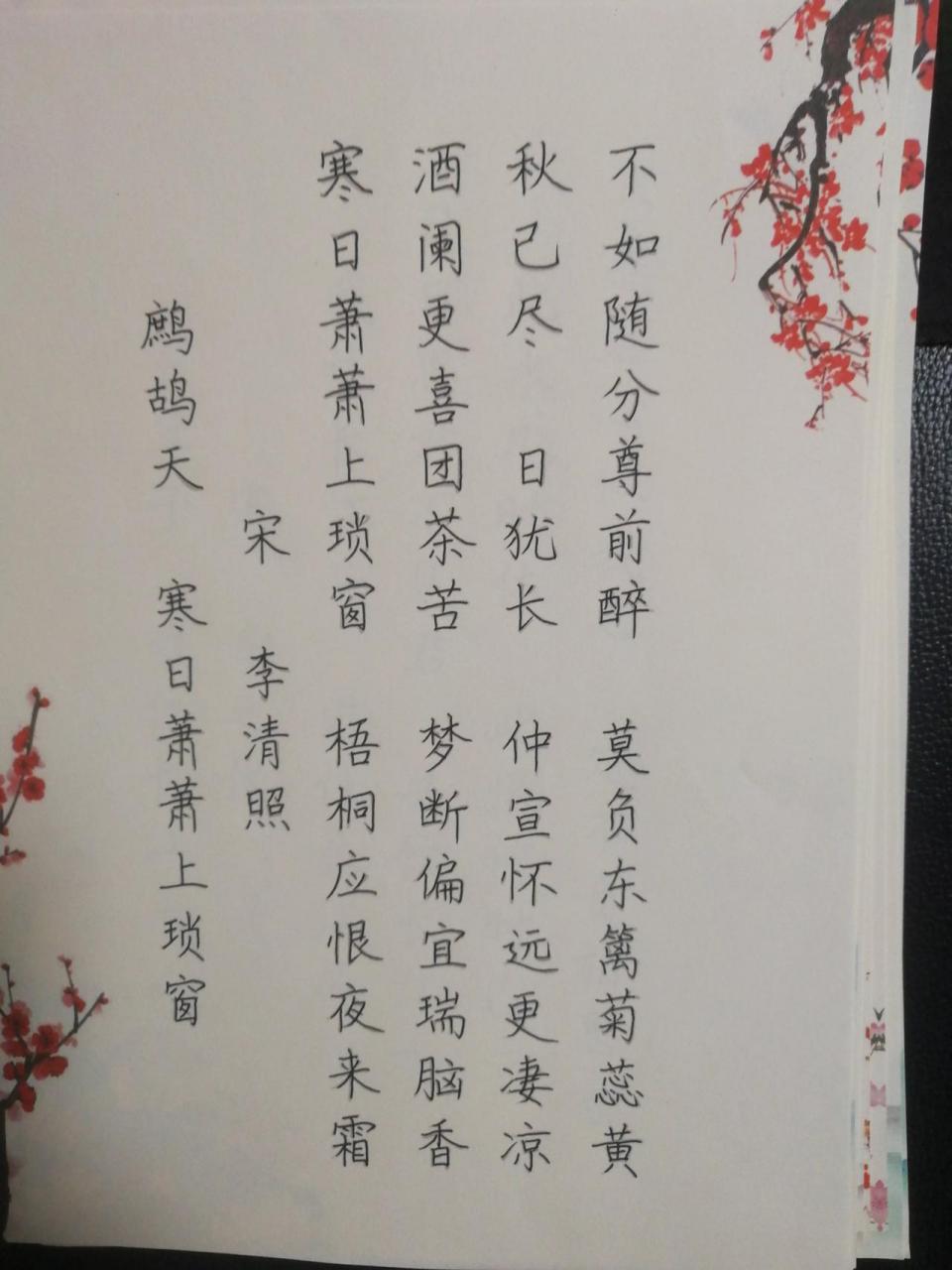 每天抄写一首古诗词 今天抄写的是李清照的鹧鸪天寒日萧萧上琐窗 寒日