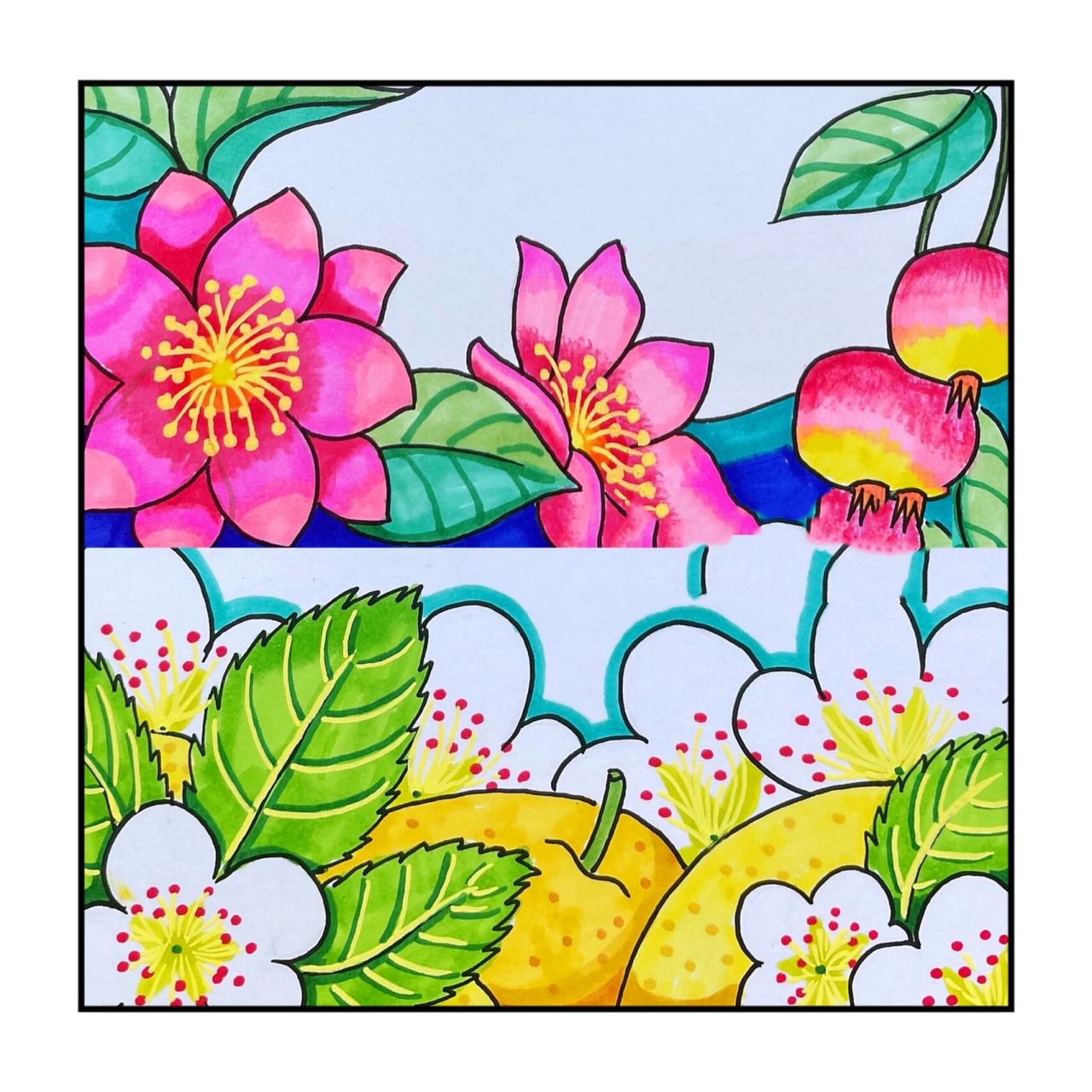 儿童画常用万能植物素材马克笔上色 原创!