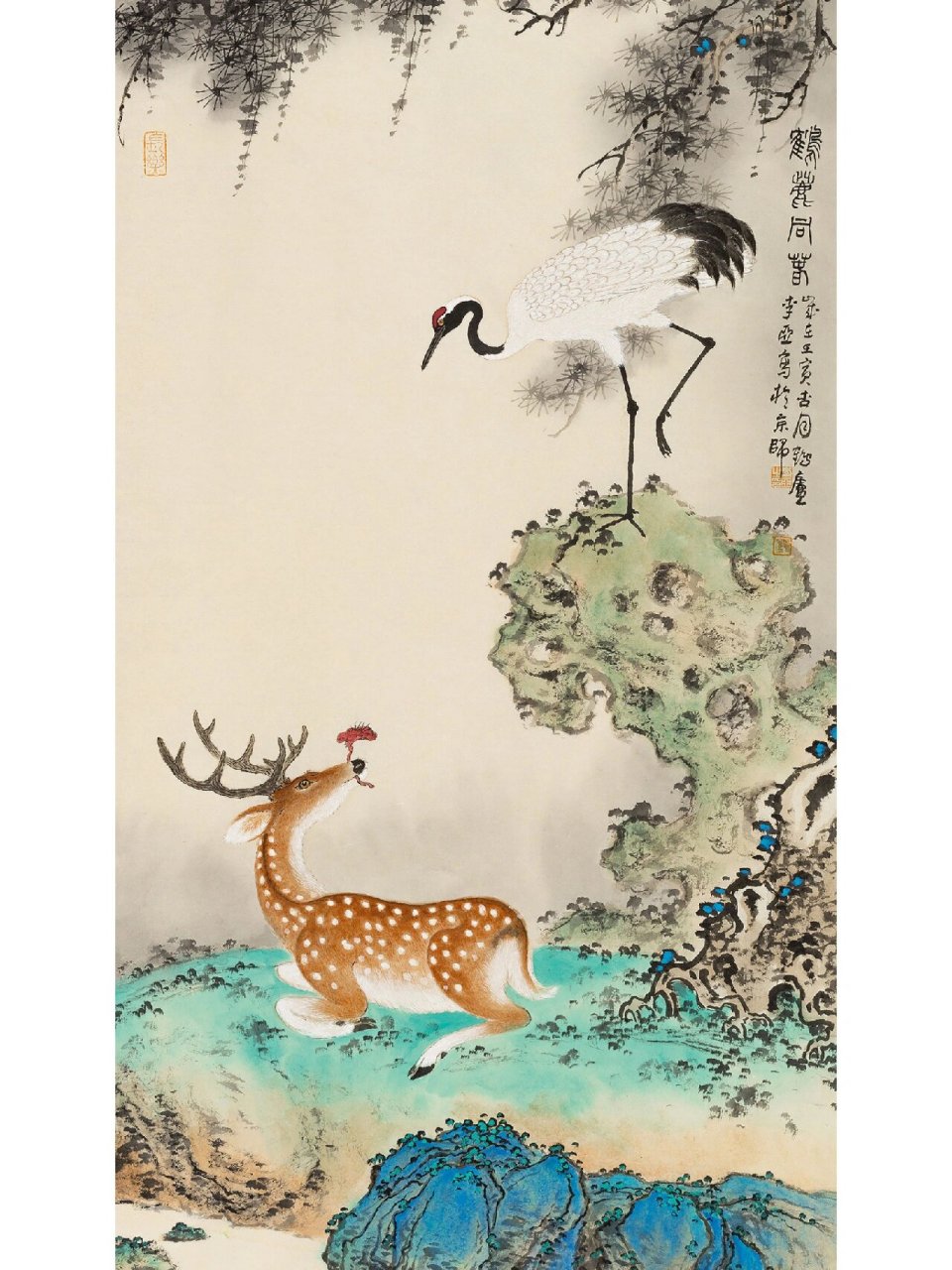 鹤鹿同春 鹤鹿同春-李亚作品 纸本设色,68x45cm 青松有寿石为伴,白鹤