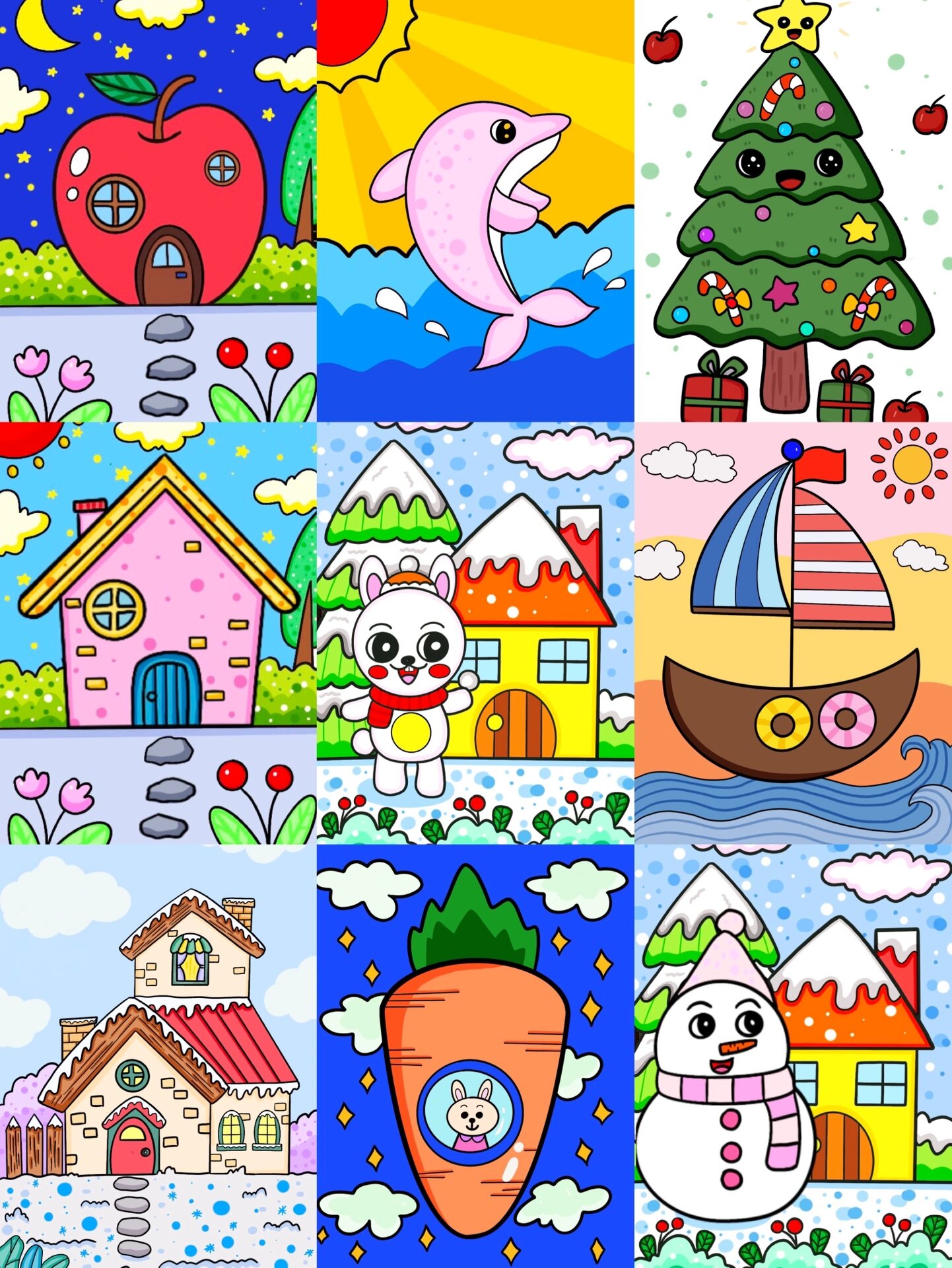 儿童画合集 西瓜房子 水果 雪人帆船圣诞树
