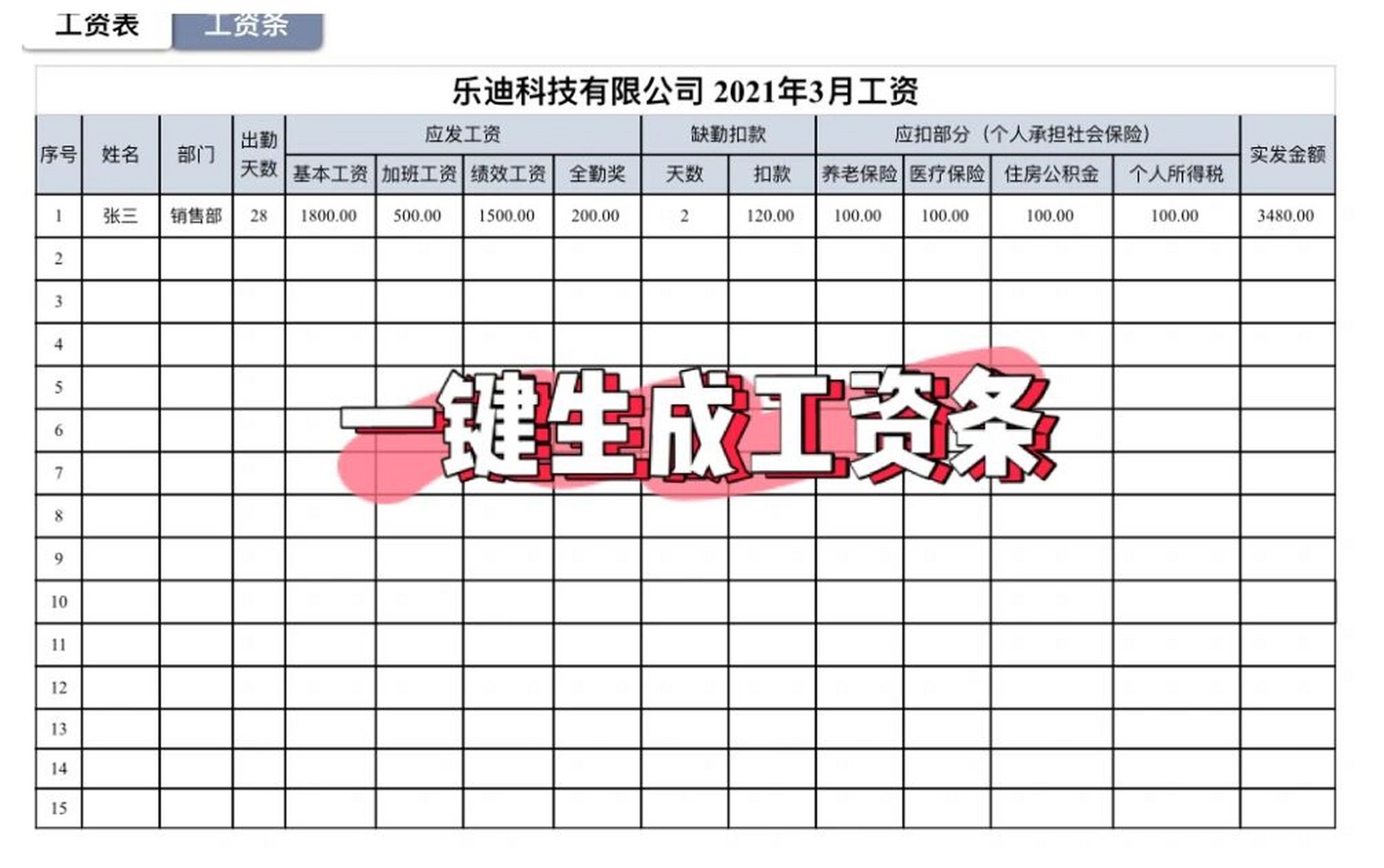 工資條模板 由工資表彙總數據,生成工資條 設置公式,一鍵生成工資條