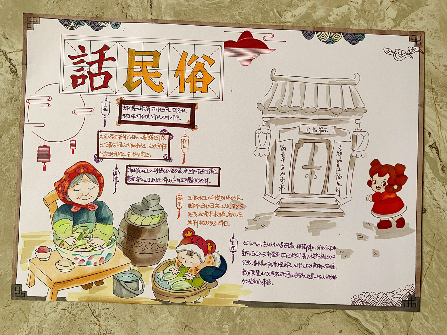 民风民俗手抄报 本来儿子画的还凑合,结果最后被我画蛇添足给下面的