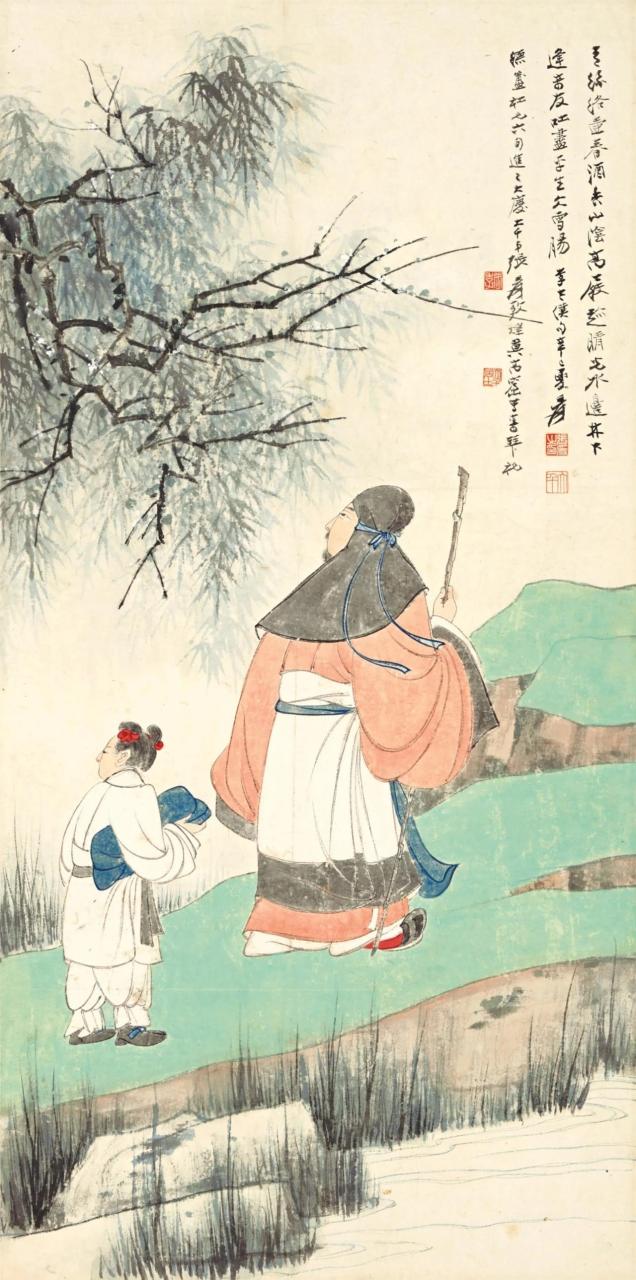 张大千国画《策杖访友图》夏日生活打卡季  青丝络壶春酒香,山阴高屐