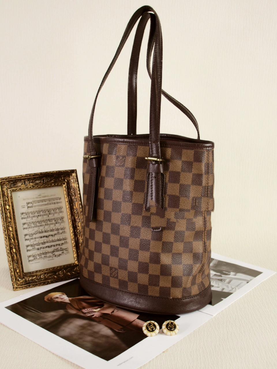 中古包741575151999年lv棋盘格小水桶 lv经典中古水桶子母包