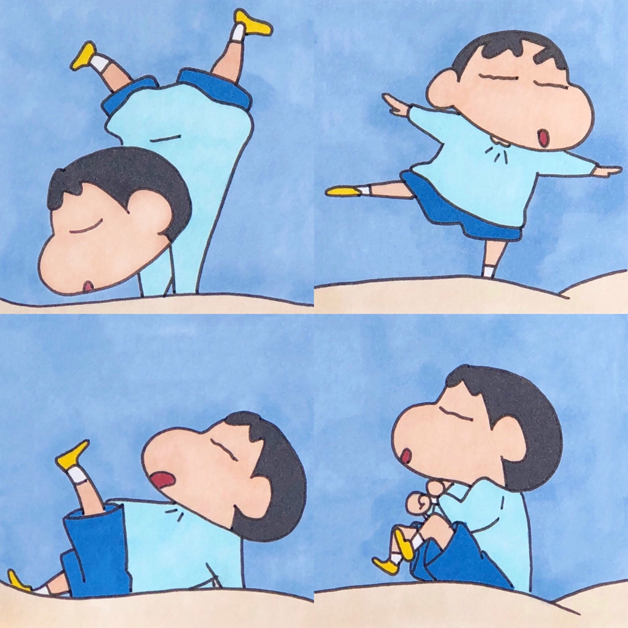 马克笔手绘| 蜡笔小新四宫格(附线稿色号) 蜡笔小新:给大家表演一个翻