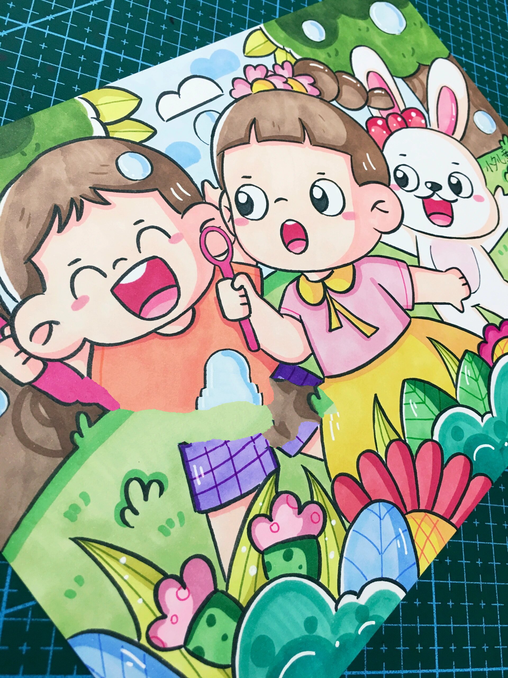 儿童画幼师考编吹泡泡主题画