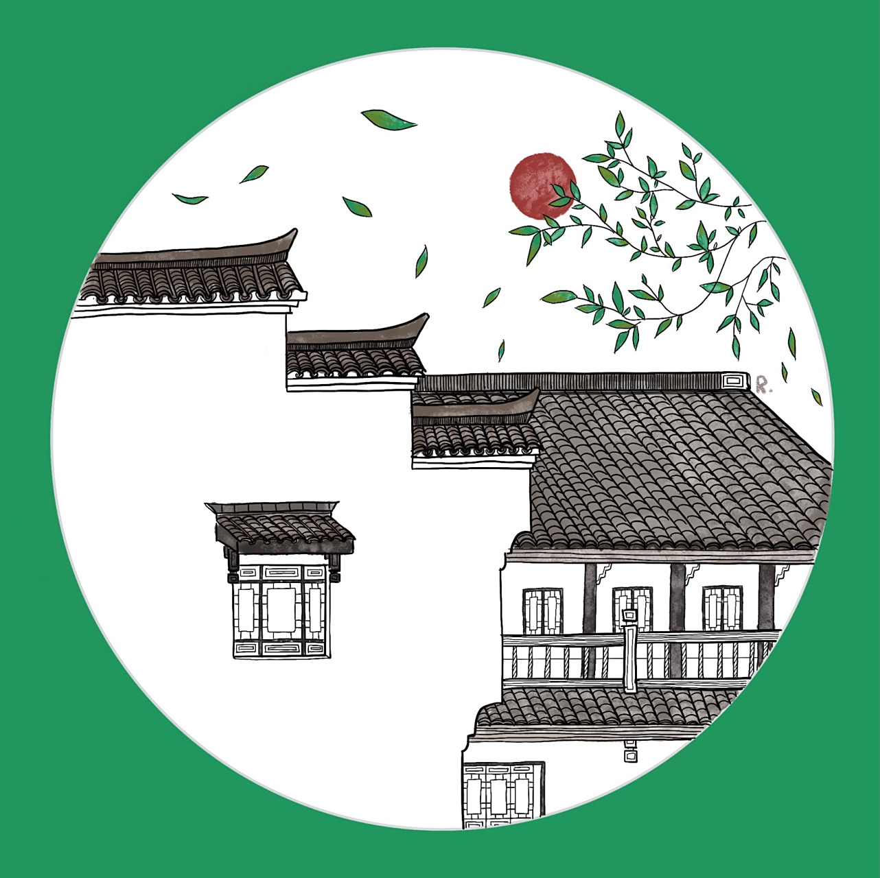 徽派建筑儿童画【步骤】马克笔·水彩·线描 在ipad上太容易放大去画