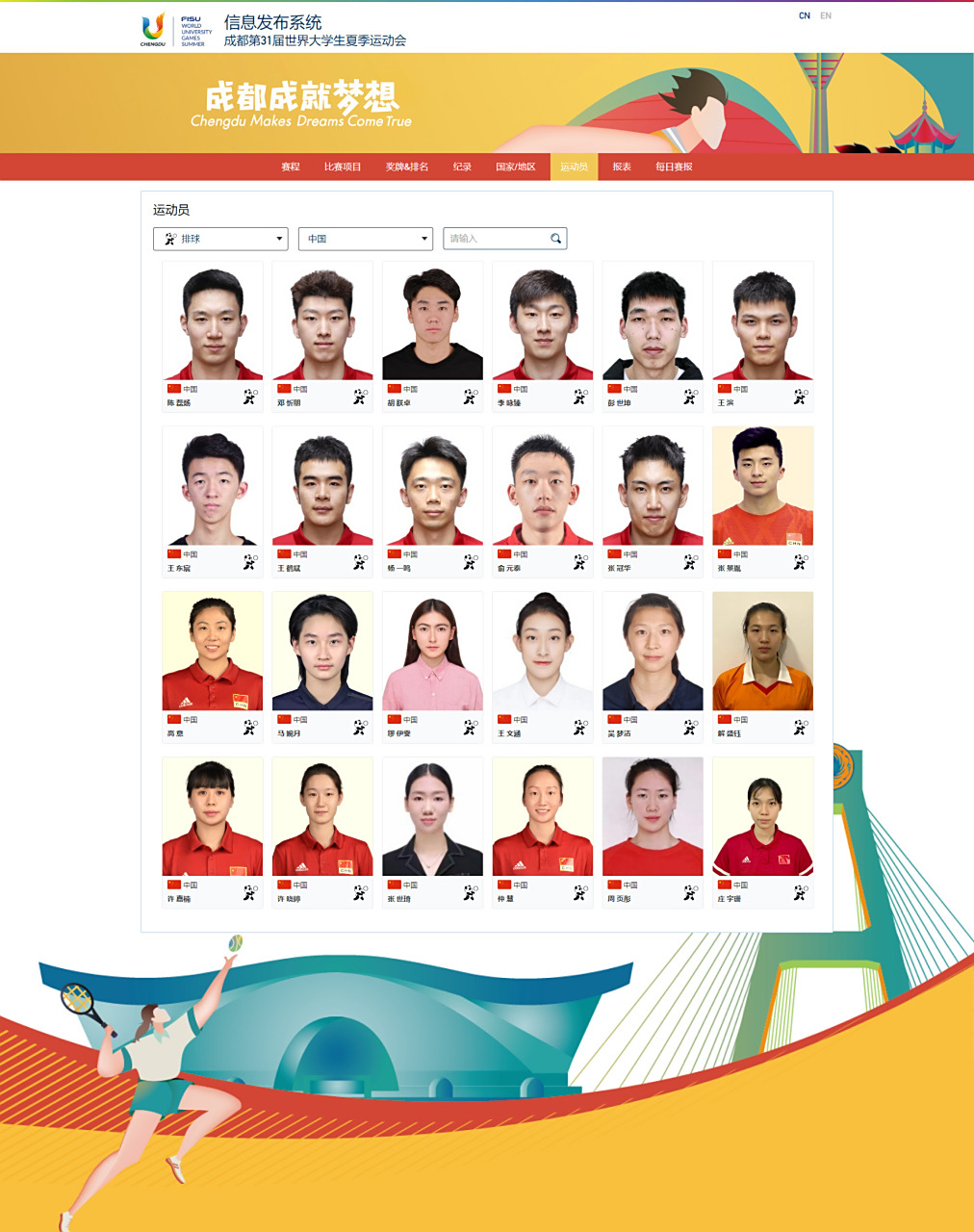 室内排球比赛中国运动员名单】  中国大学生男排12人名单: 主攻