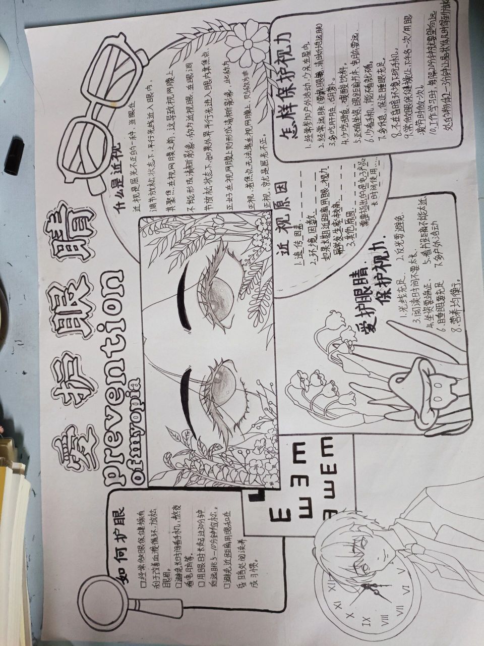 爱护眼睛手抄报 这手抄报真的画了好久问了老师能不能不涂色,老师是
