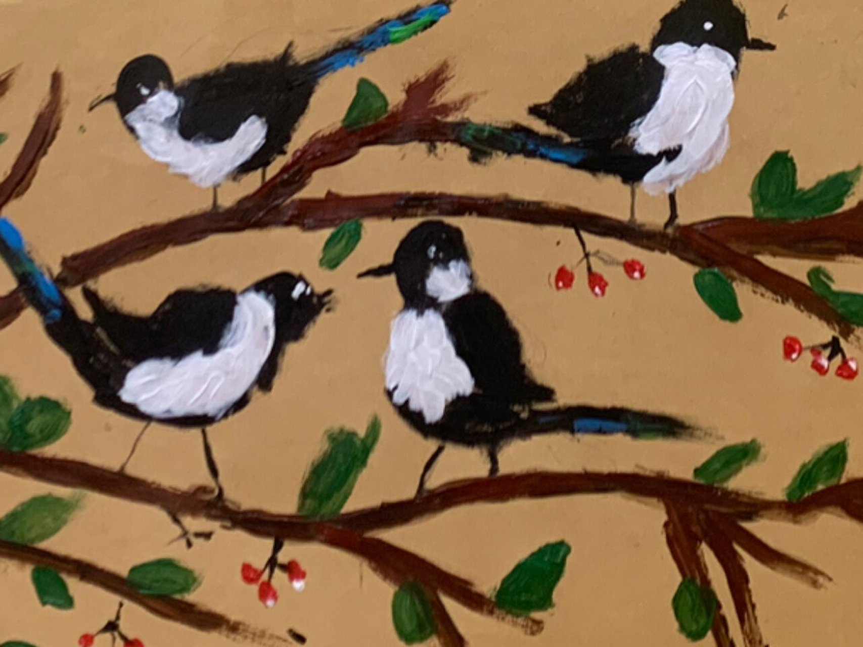 水粉画《喜鹊》