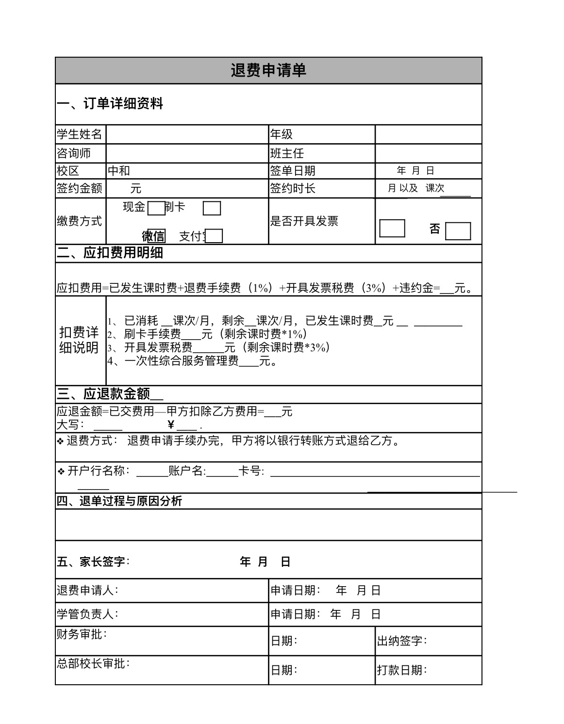 培训机构退费申请单