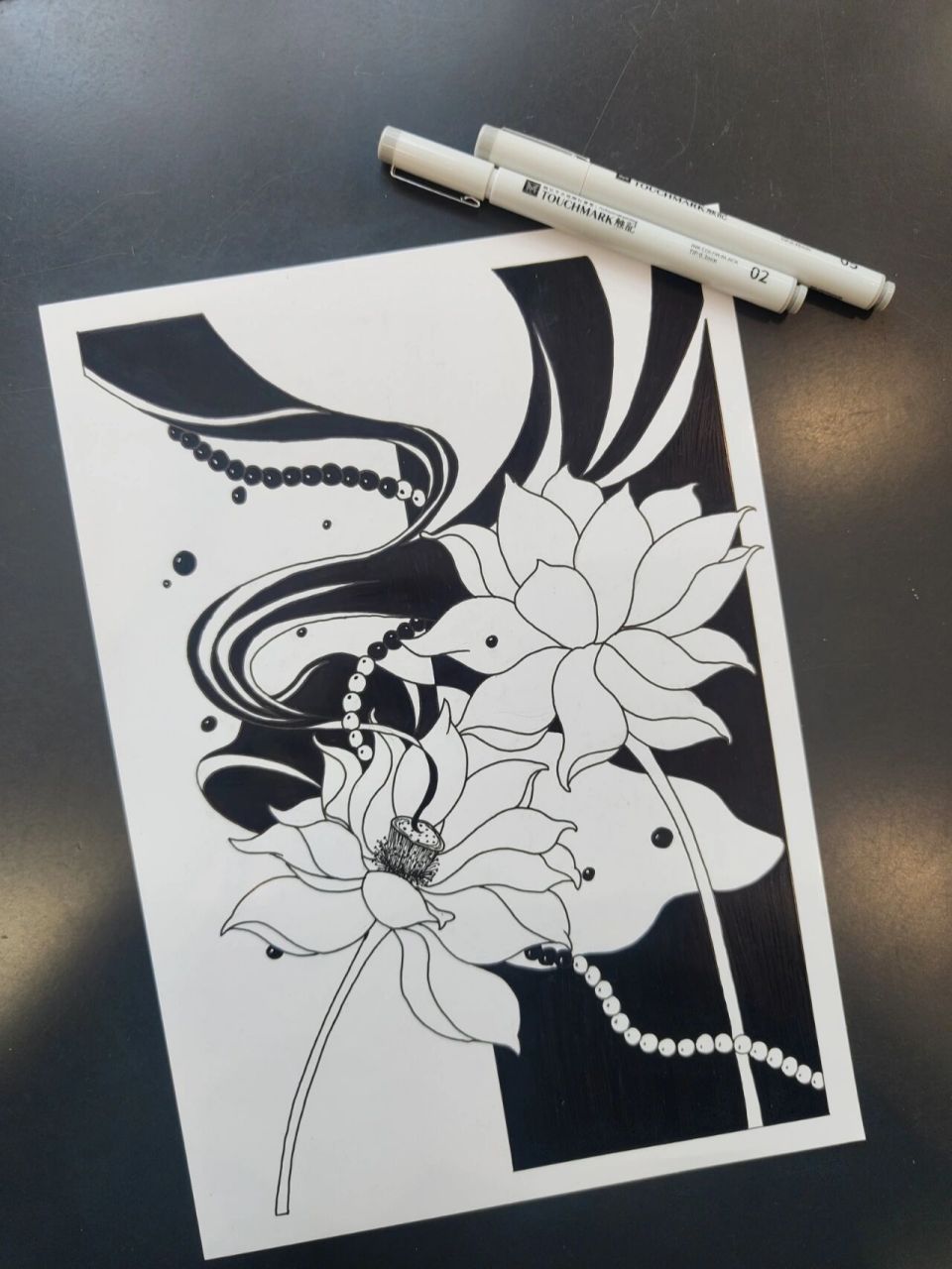 绘画练习/黑白装饰画/荷花/临摹 周末比较忙,一直抽不出时间画,三天