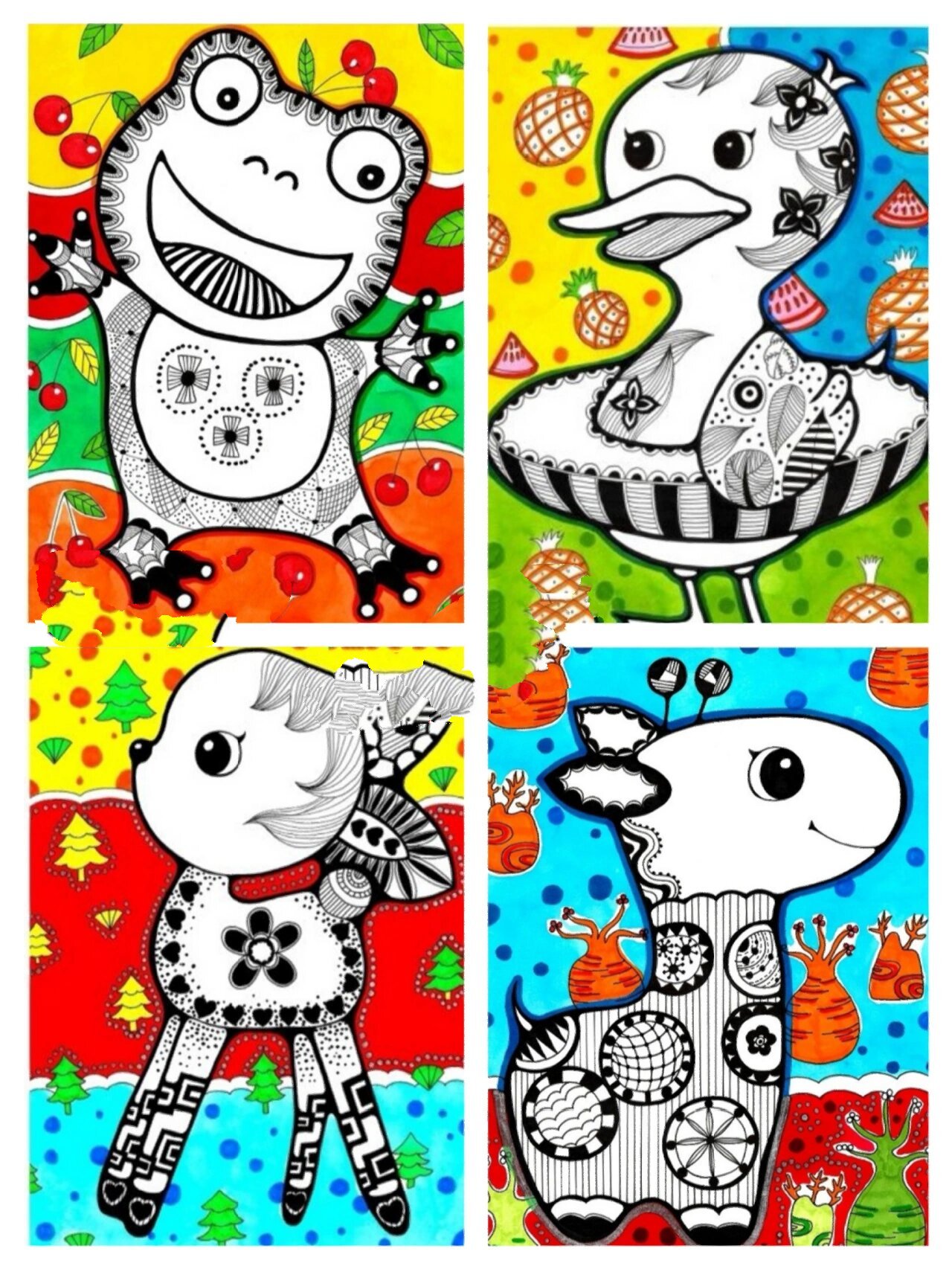 彩色线描画 动物