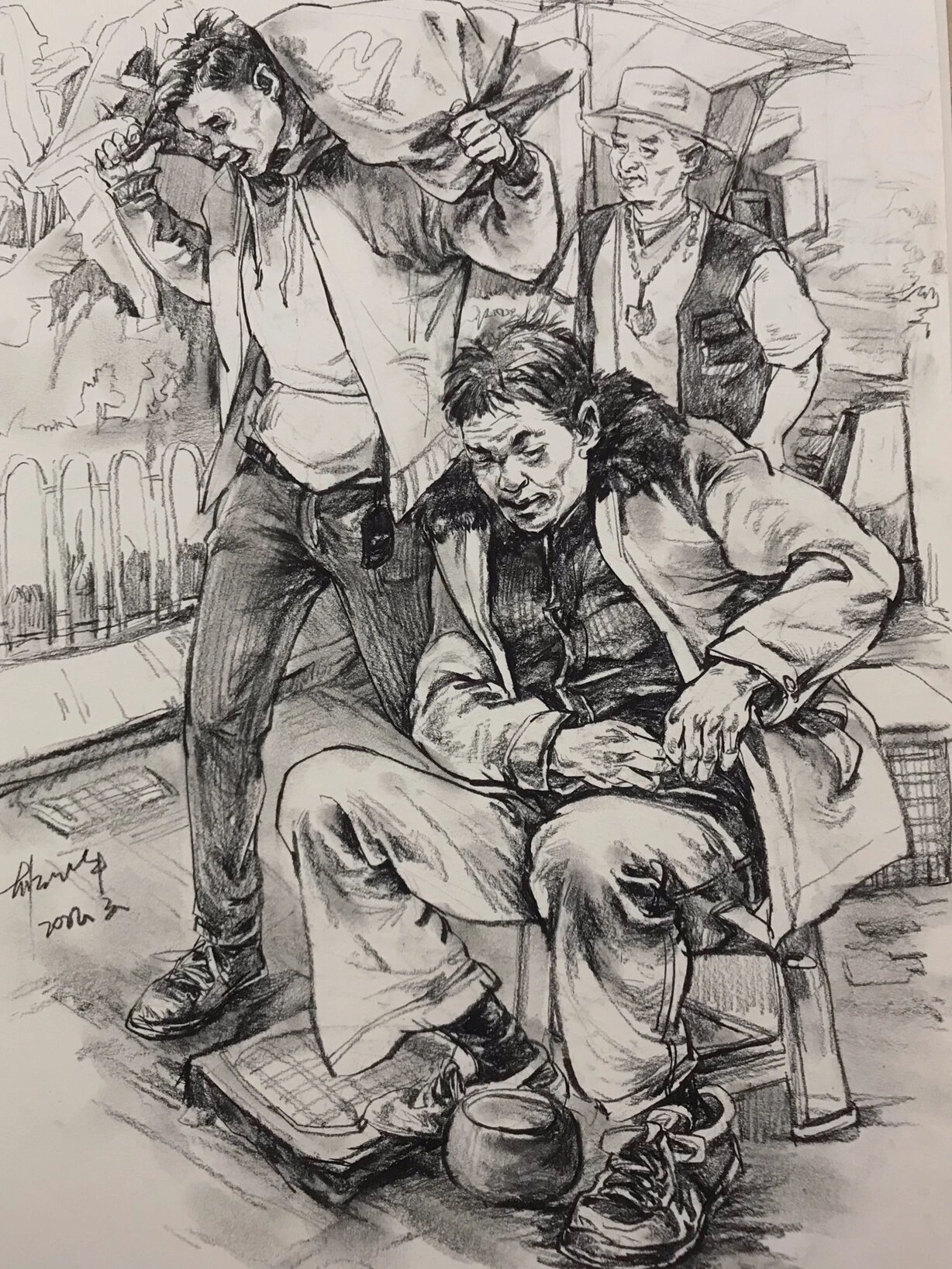 场景速写《劳作》 他来了,他来了,他扛着麻袋走来了.