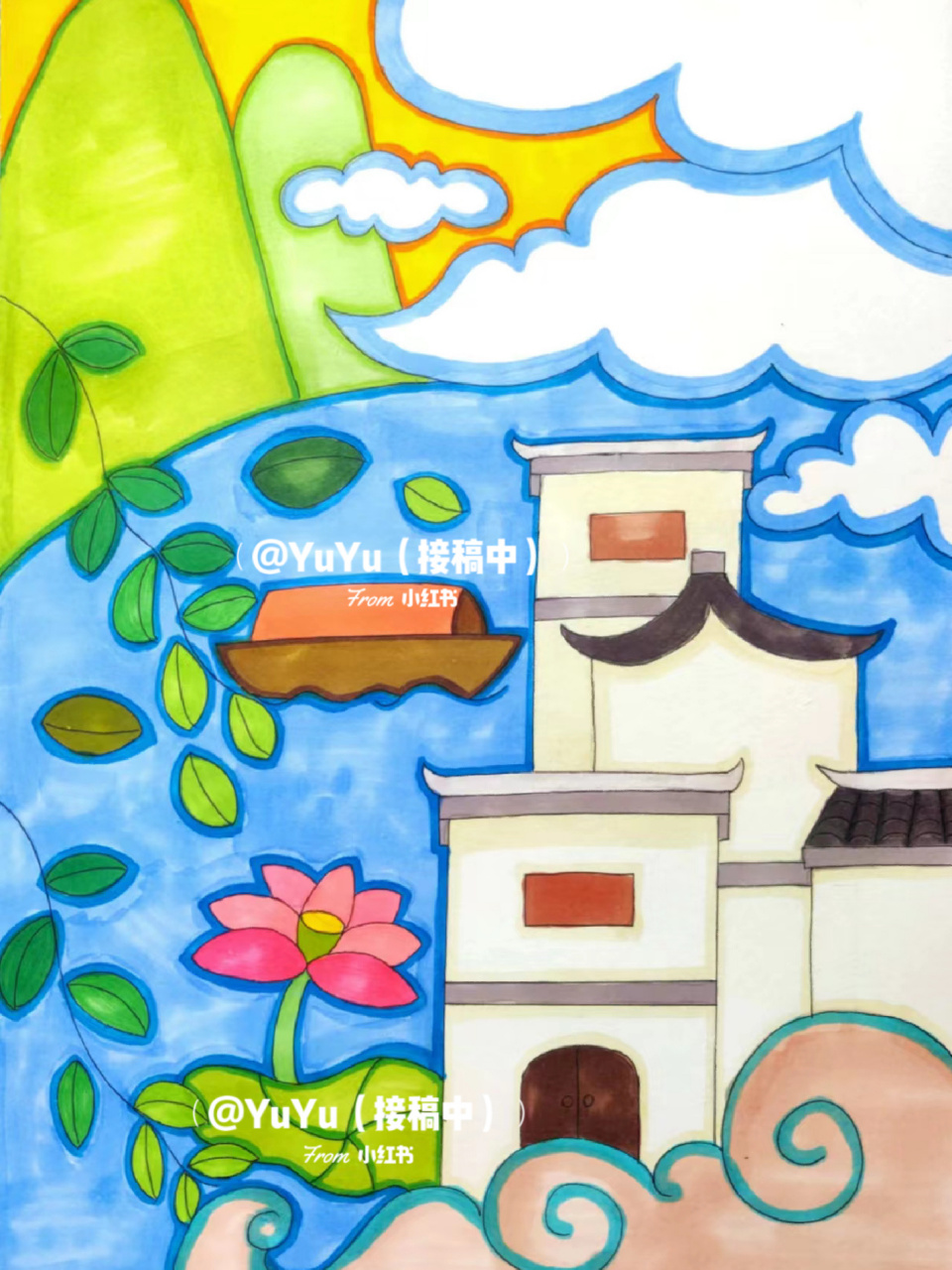 儿童画##绘画比赛##马克笔##古建筑##荷花