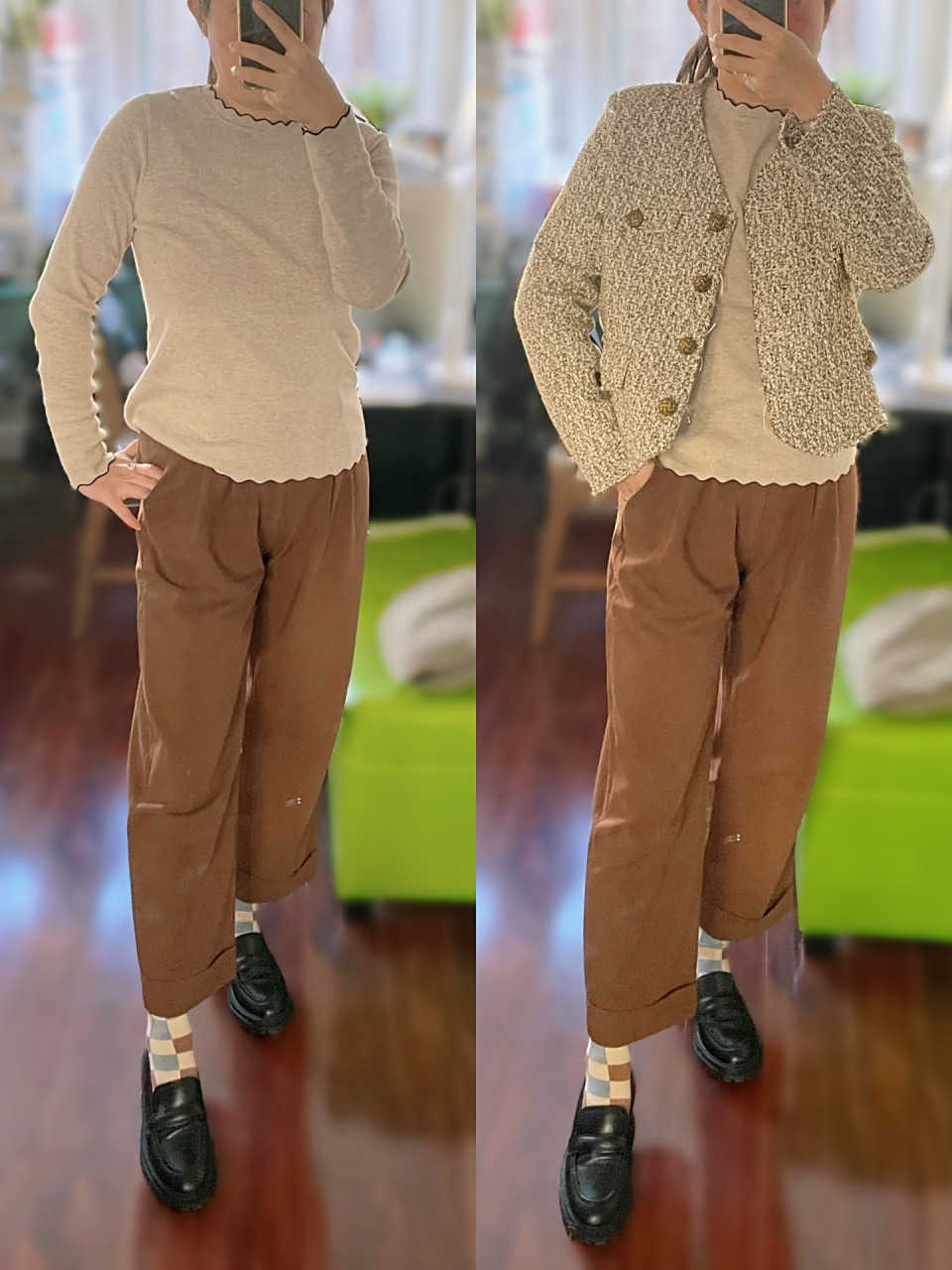 每日穿搭|棕色裤子搭配杏色上衣  可爱的波浪边针织衫,搭配棕色裤子.