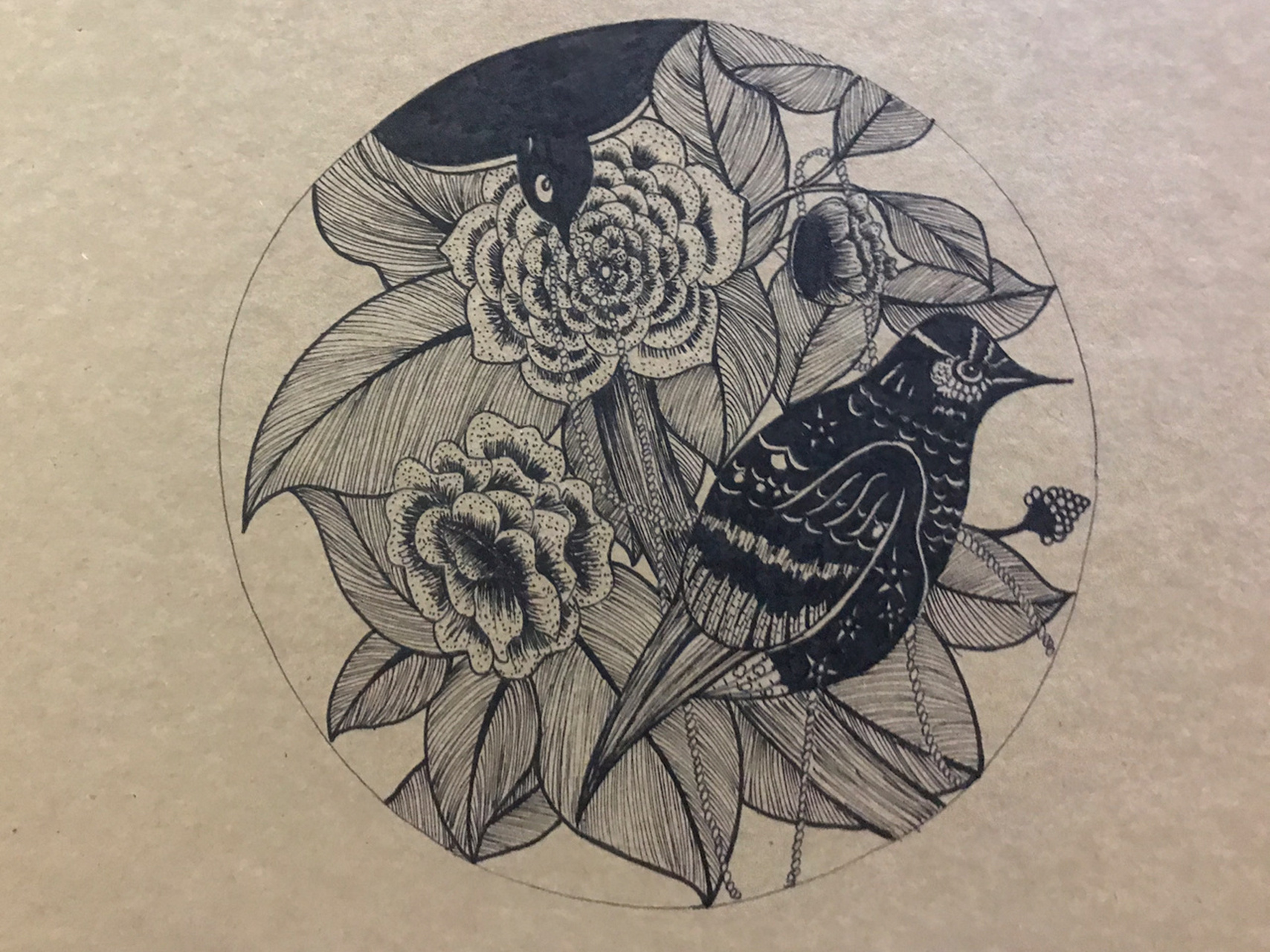 针管笔黑白装饰画临摹 鸟语花香 步骤图分享 樱花针管笔,牛皮卡纸