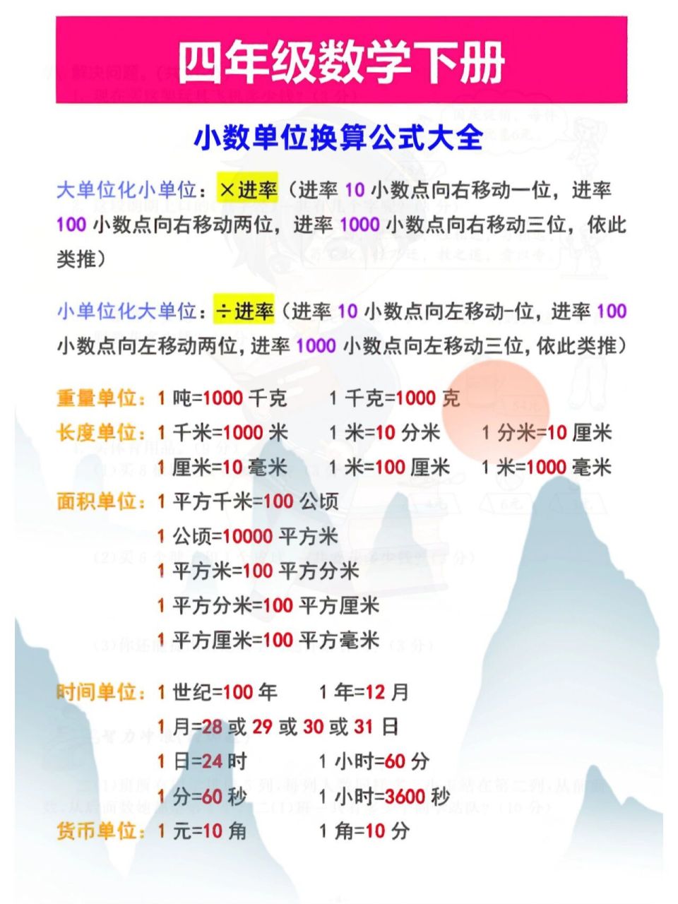 四年级下册数学小数单位换算公式大全