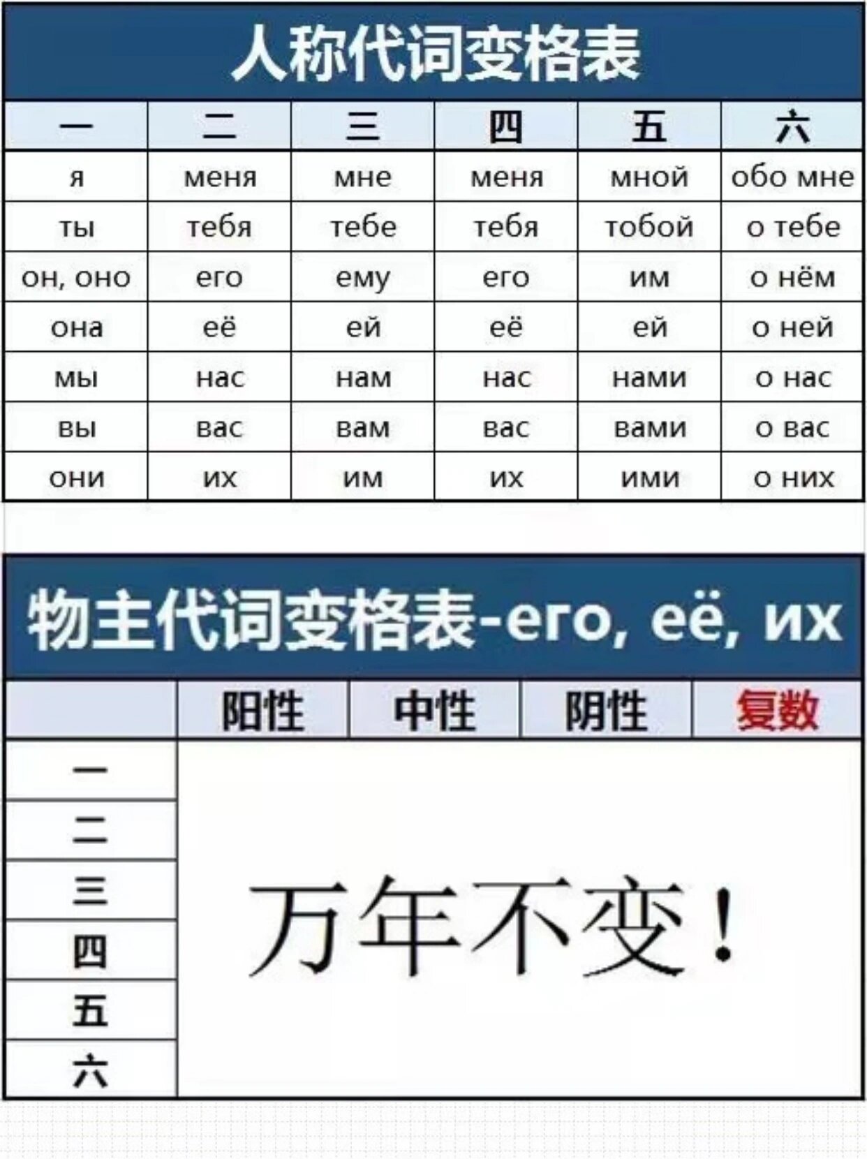 【俄语】变格表～ 99名词单数,名词复数,形容词,人称代词,指示代词