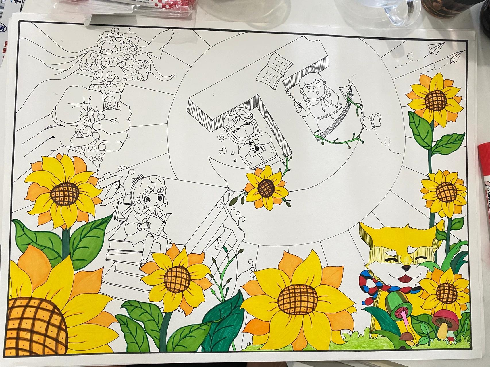 阳光下成长主题画-幼儿简笔画 纸:4k 材料:彩铅,马克笔,勾线笔 小孩