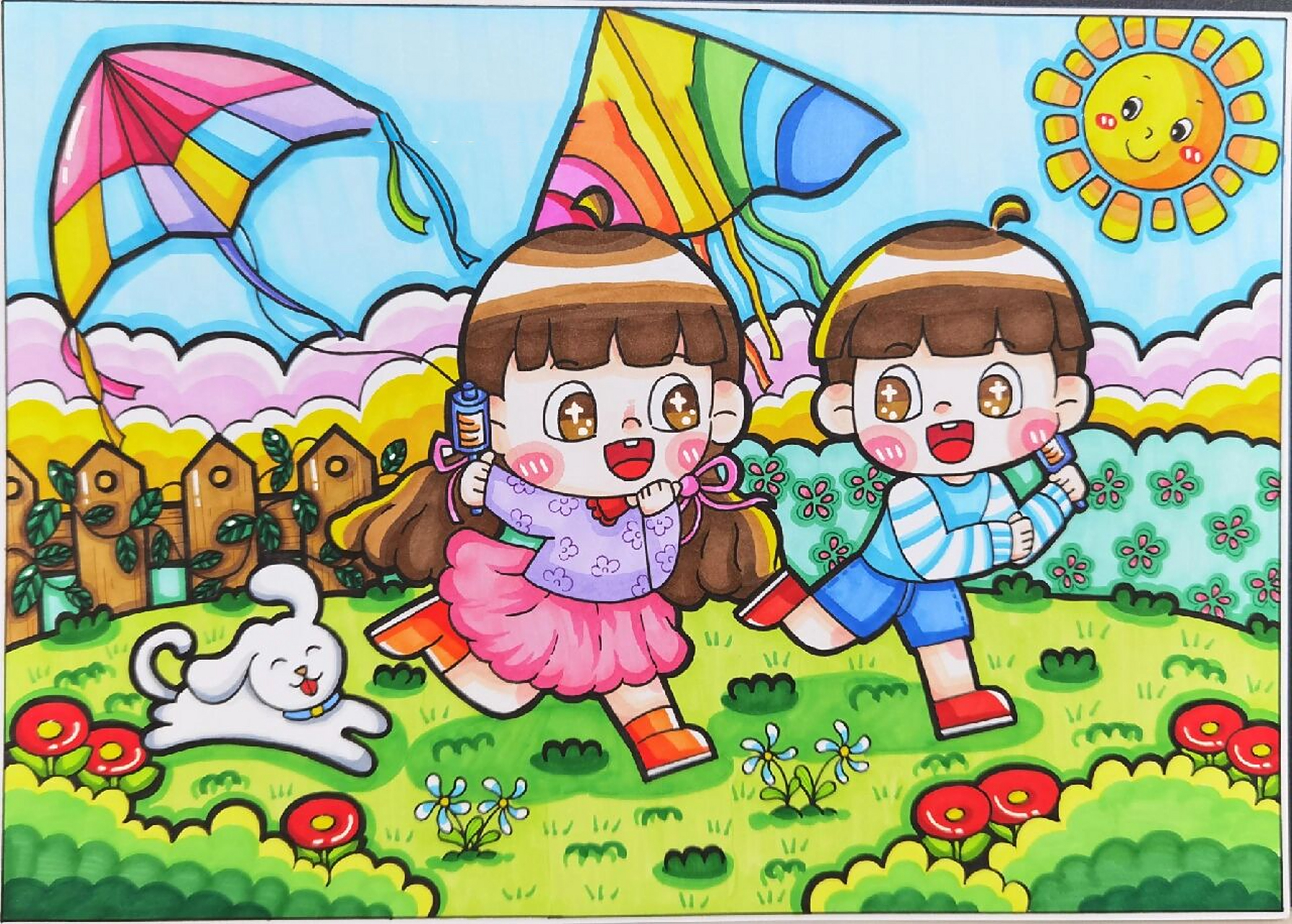 儿童画《放风筝》 春天非常适合画的主题 马克笔不小心掉下去在小女孩