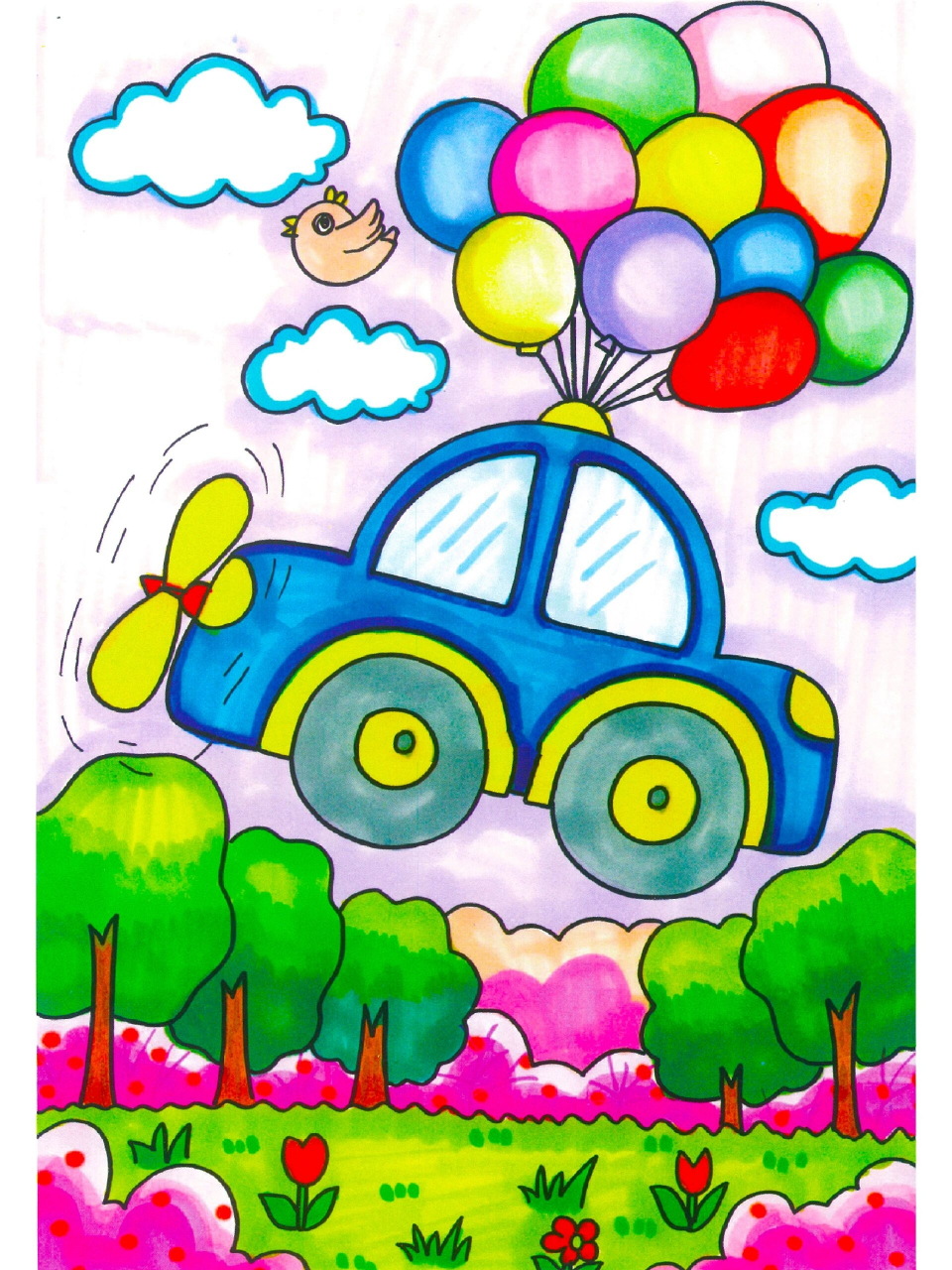 《会飞的小汽车》创意儿童画 少儿美术 临摹线稿在后面哦