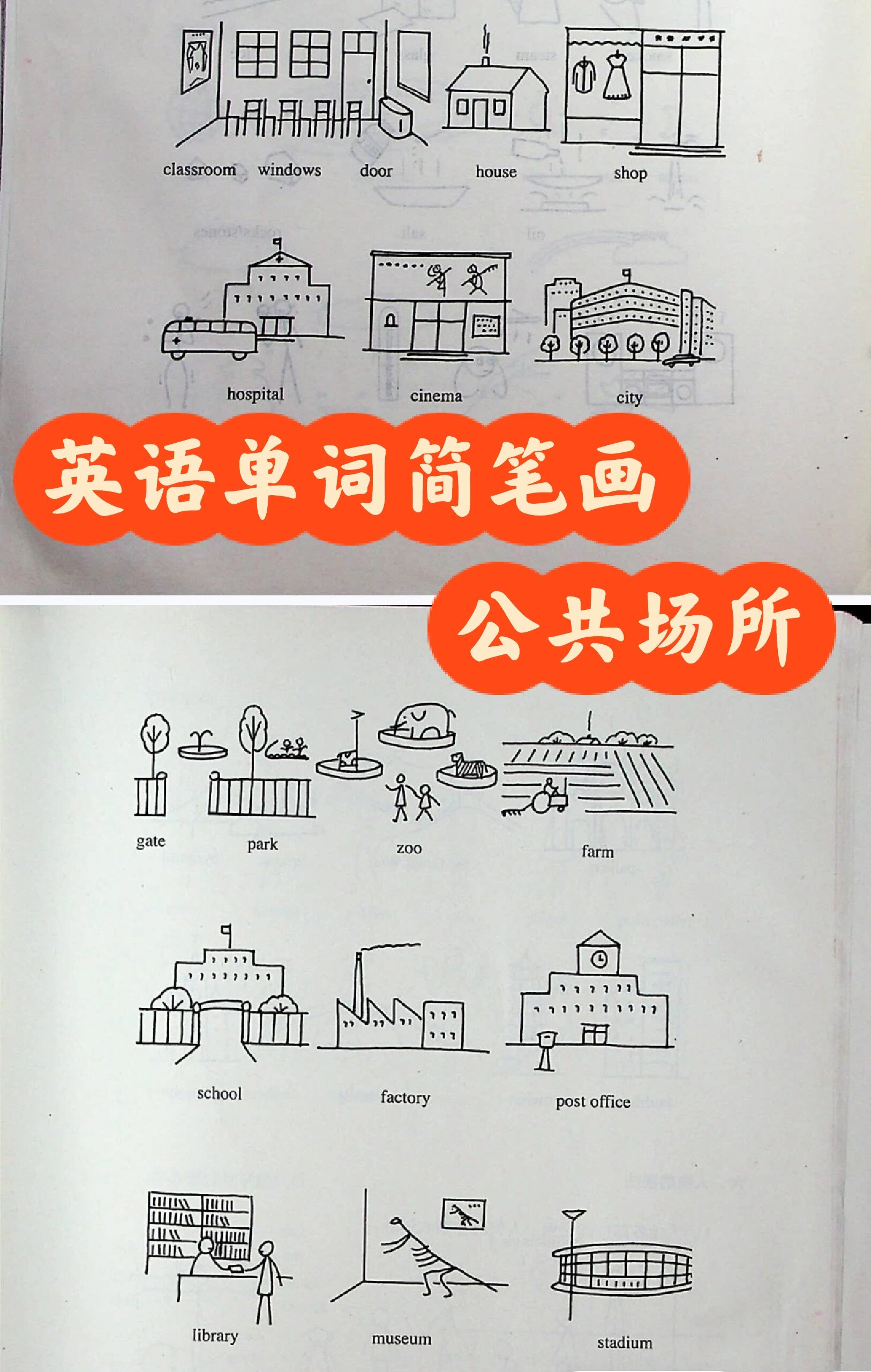 英语单词简笔画—公共场所