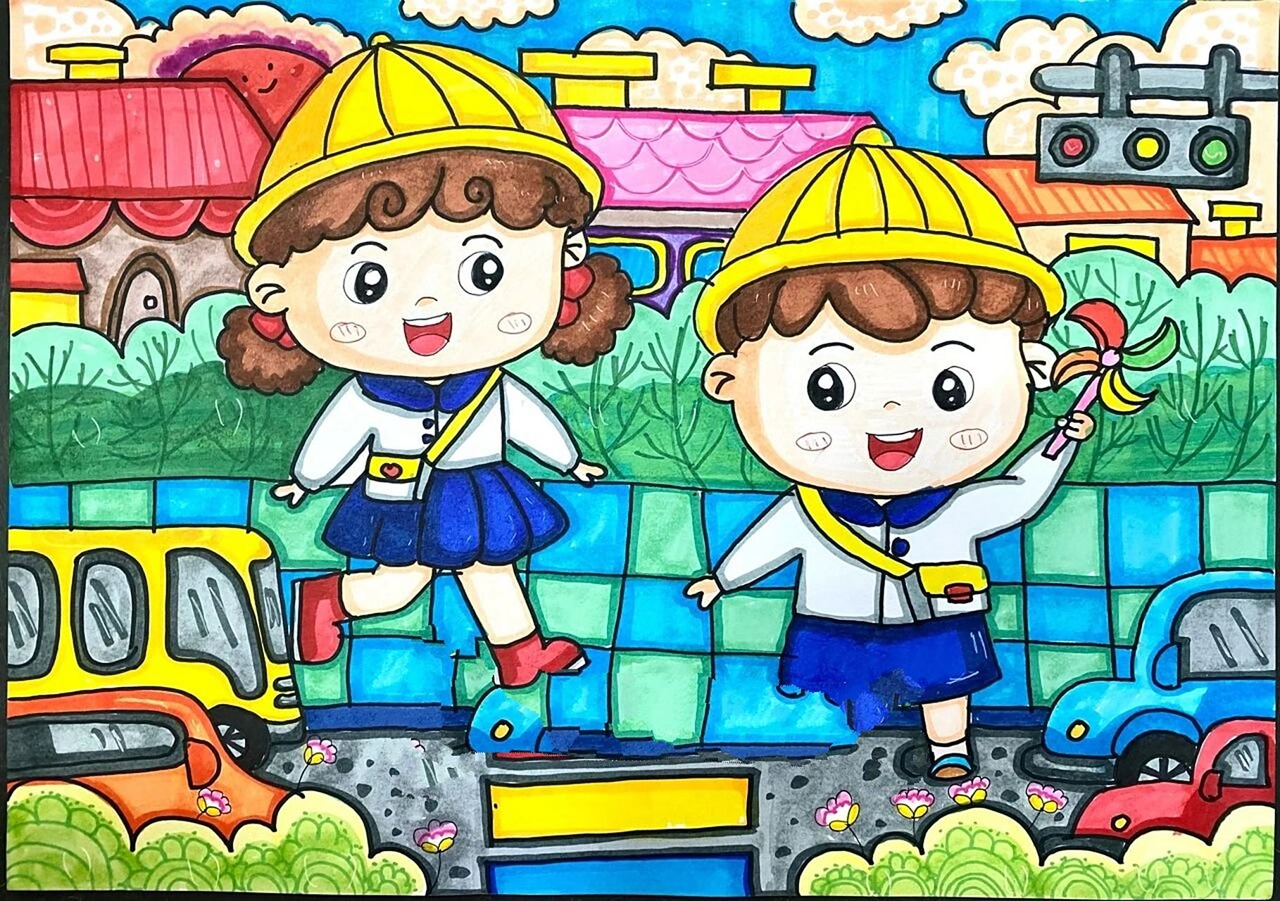 上学路上主题画|儿童简笔画 上学路上主题画,儿童简笔画.