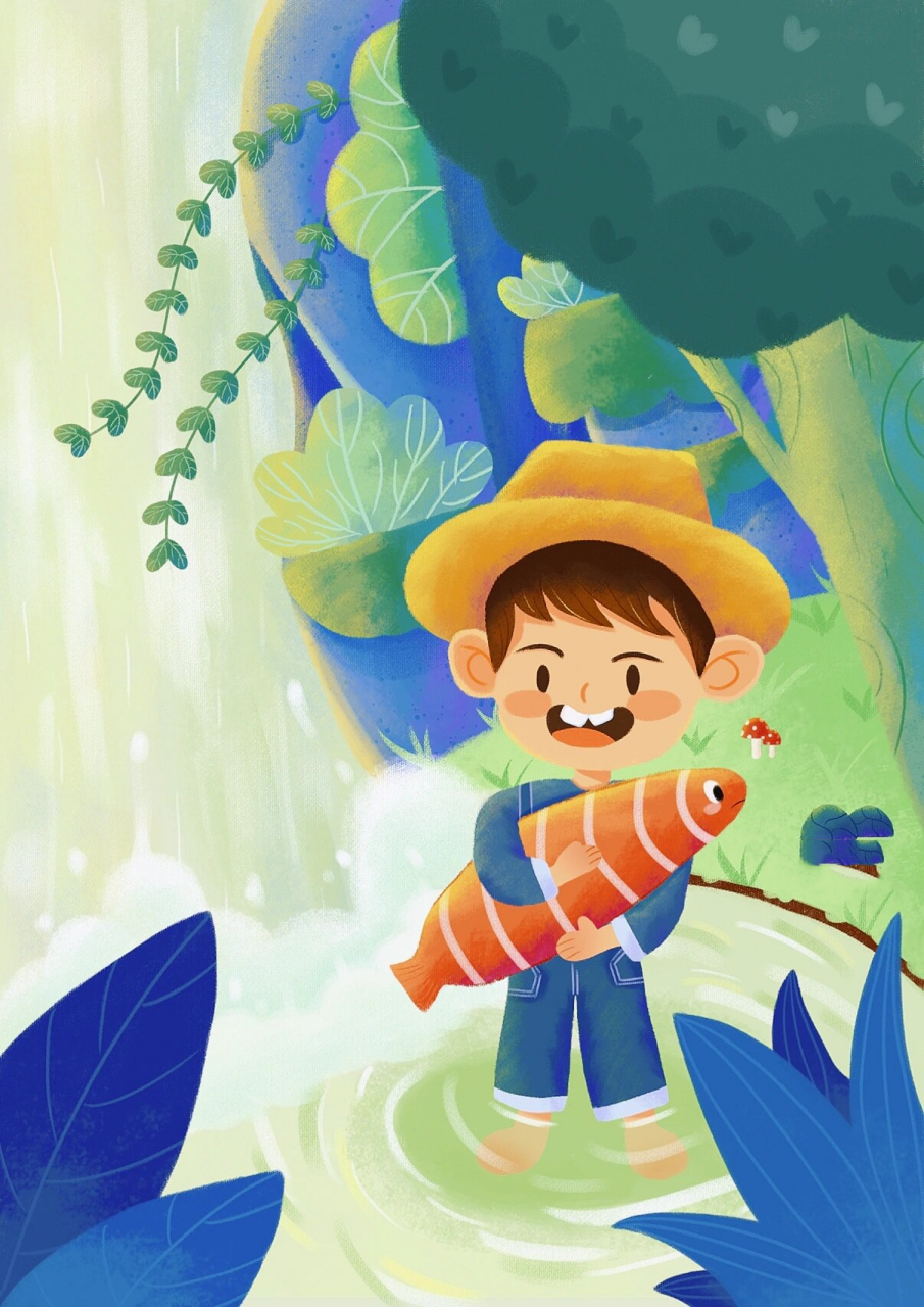 儿童插画 | 池塘抓鱼 终于终于要降温了,普天同庆! 工具:ps 手绘板
