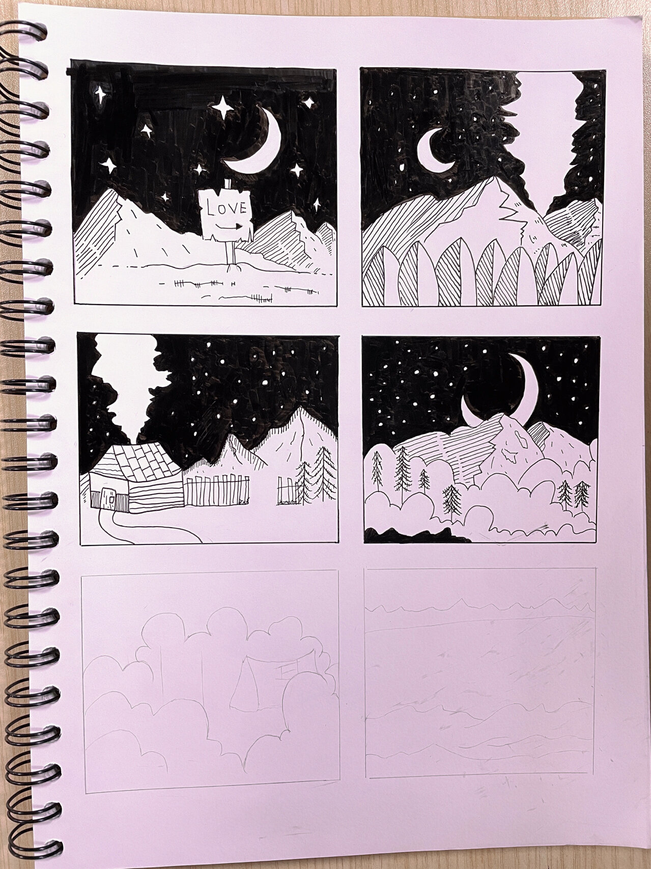 风景|黑白简笔画|插画