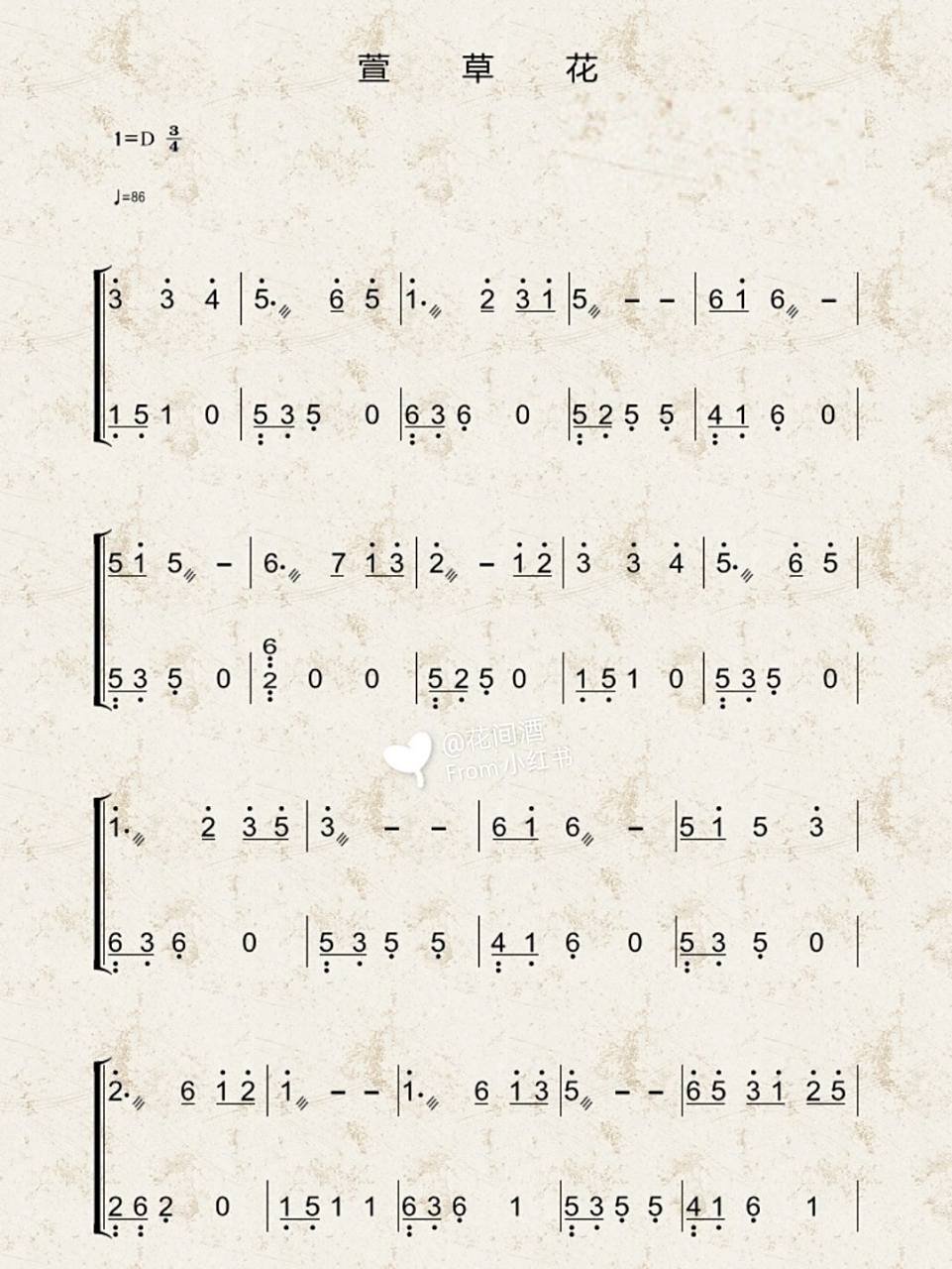 《萱草花》古筝谱d调