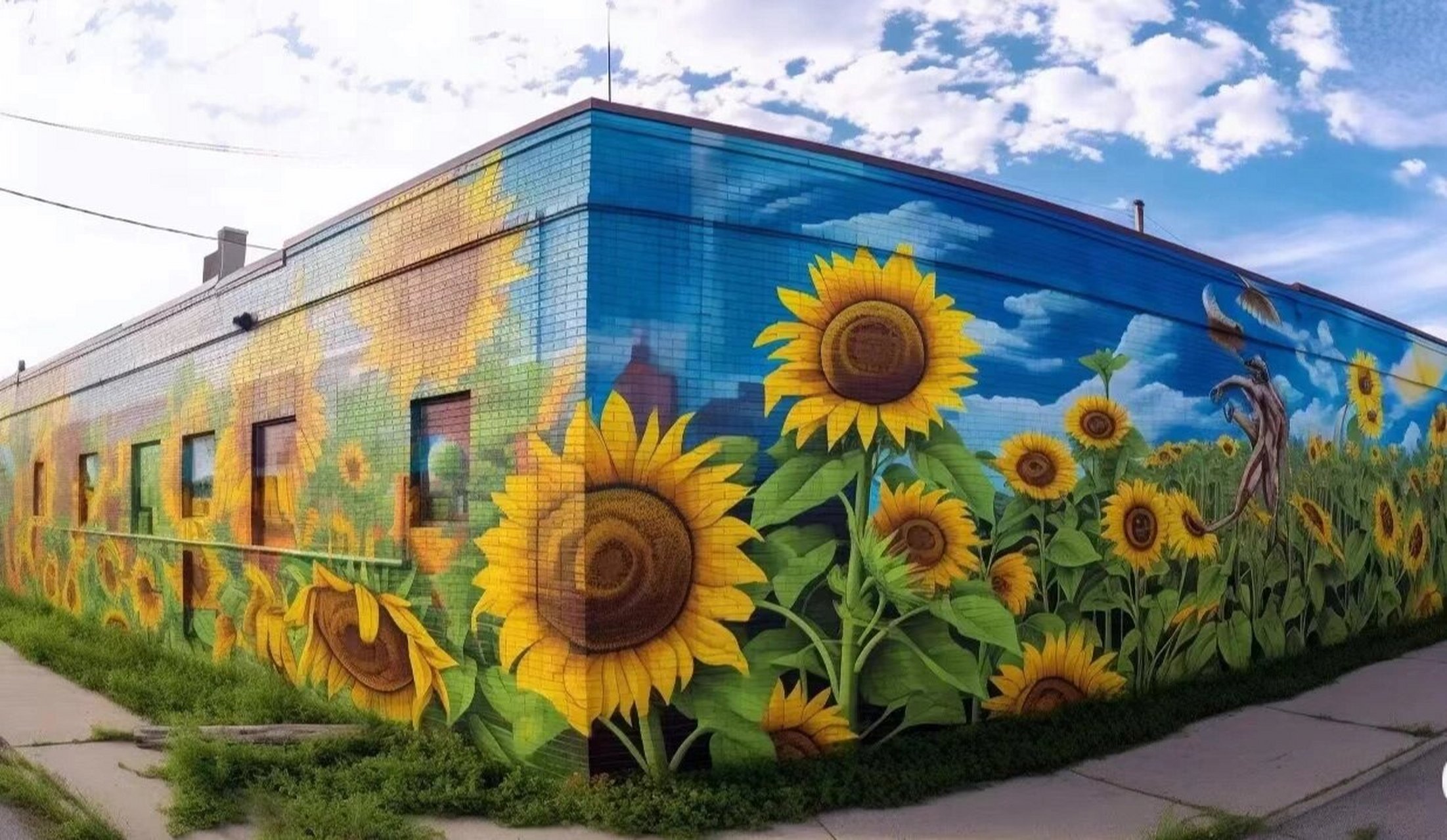 向日葵97花海手绘墙 墙绘向日葵,当你路过一面满是花朵的墙会不会