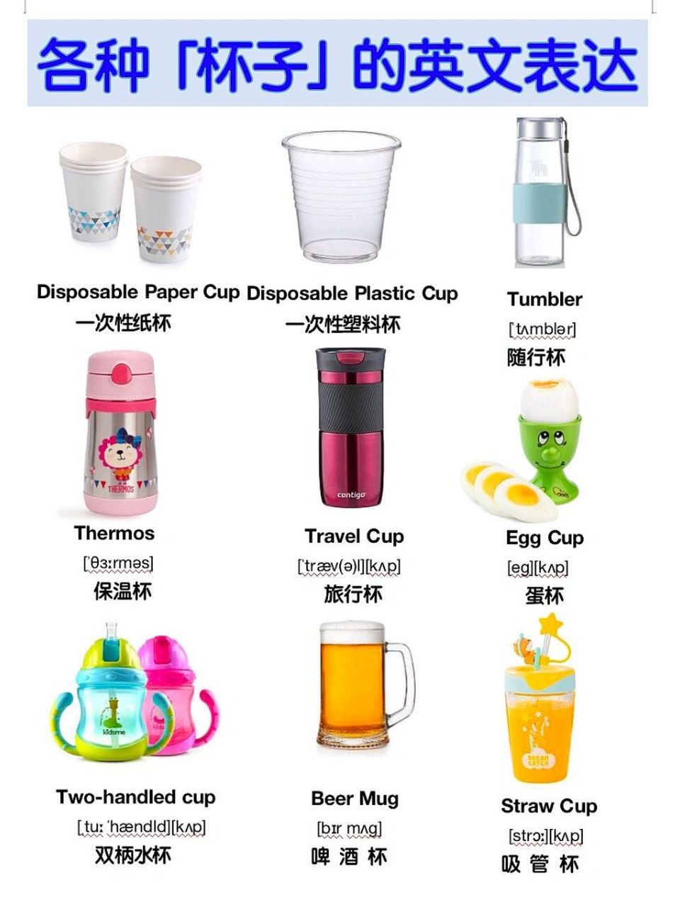 各种杯子英语词汇大全  杯子 cup马克杯 mug(通常来说,杯壁较厚,有