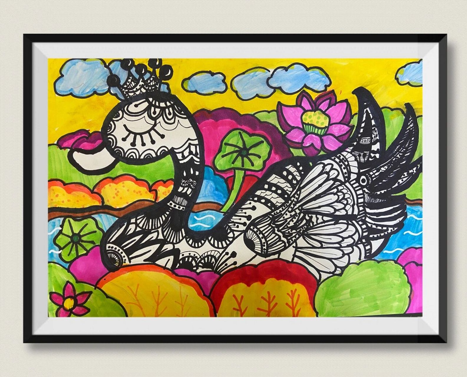 7-8岁黑白线描创意画《白天鹅06》 今日所画《白天鹅06》 目标: 1