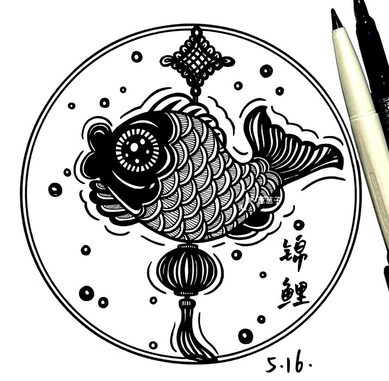 鱼的黑白线描画图片