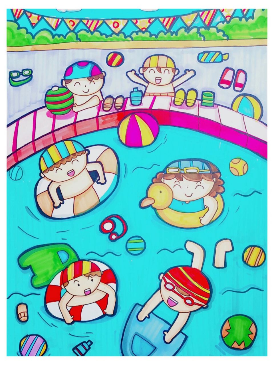泳池嬉水 可爱儿童画