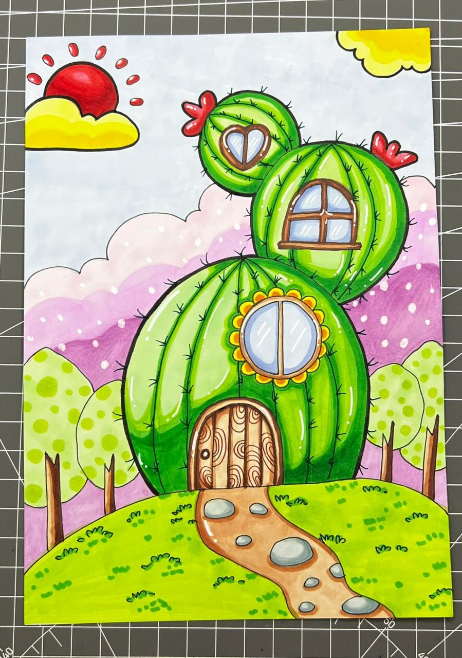马克笔/仙人掌房屋
