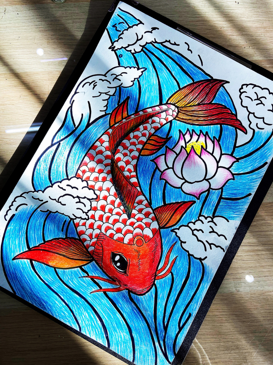 95红鲤鱼绿鲤鱼与驴,儿童创意画彩铅画线 96:新的一年祝我的小