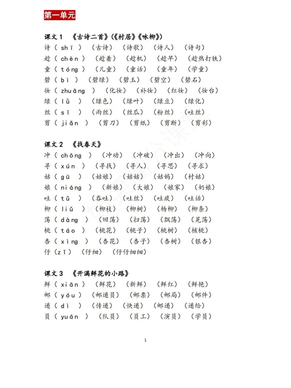 二年级下册语文1～8单元生字扩词组词表 9图图片放不下了,新鲜出炉的