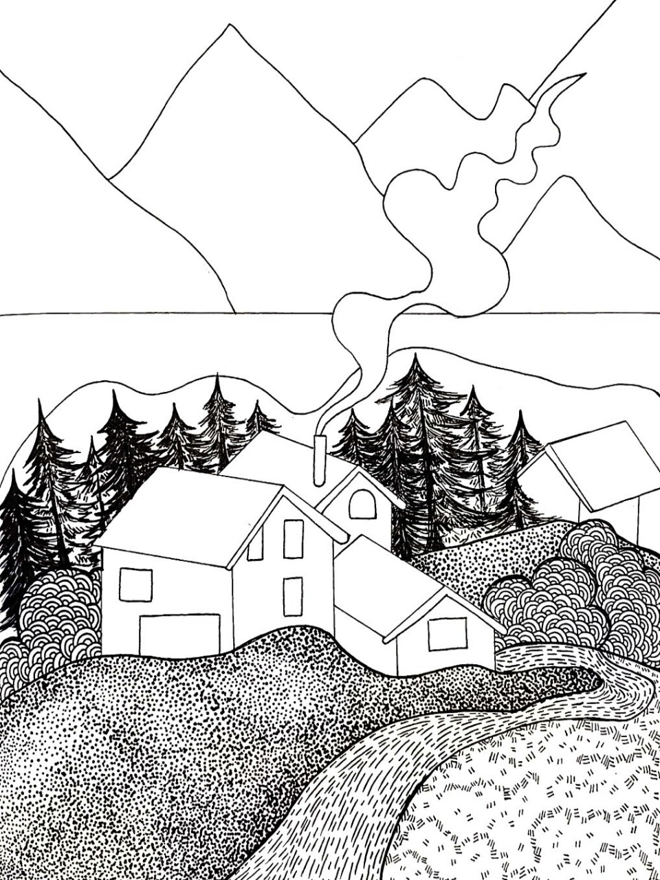 袅袅炊烟   小小村落93 原创黑白装饰画96 97嘉妹画画打卡啦!