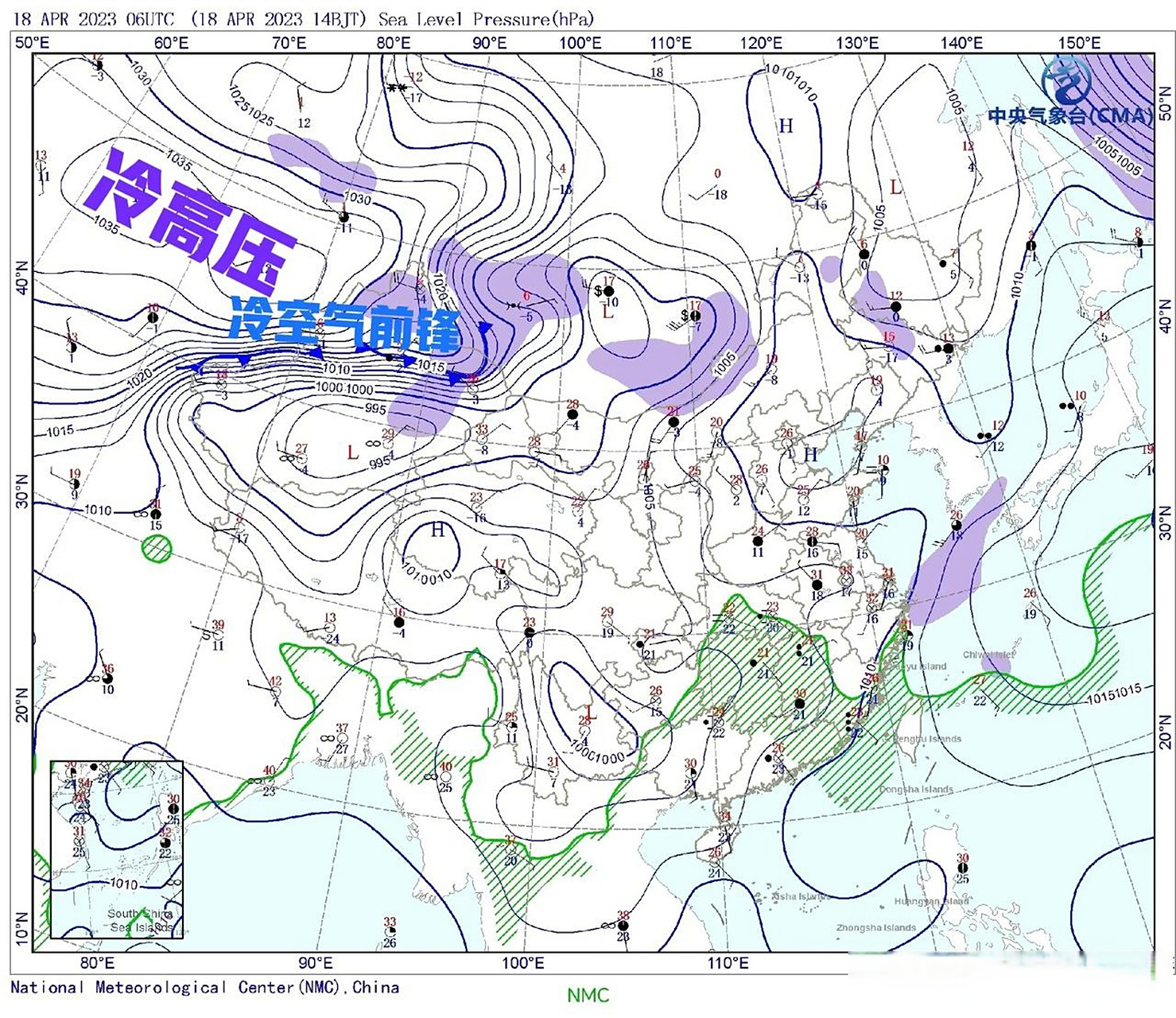 从4月18日14时地面天气图可见,一股冷空气的前锋已