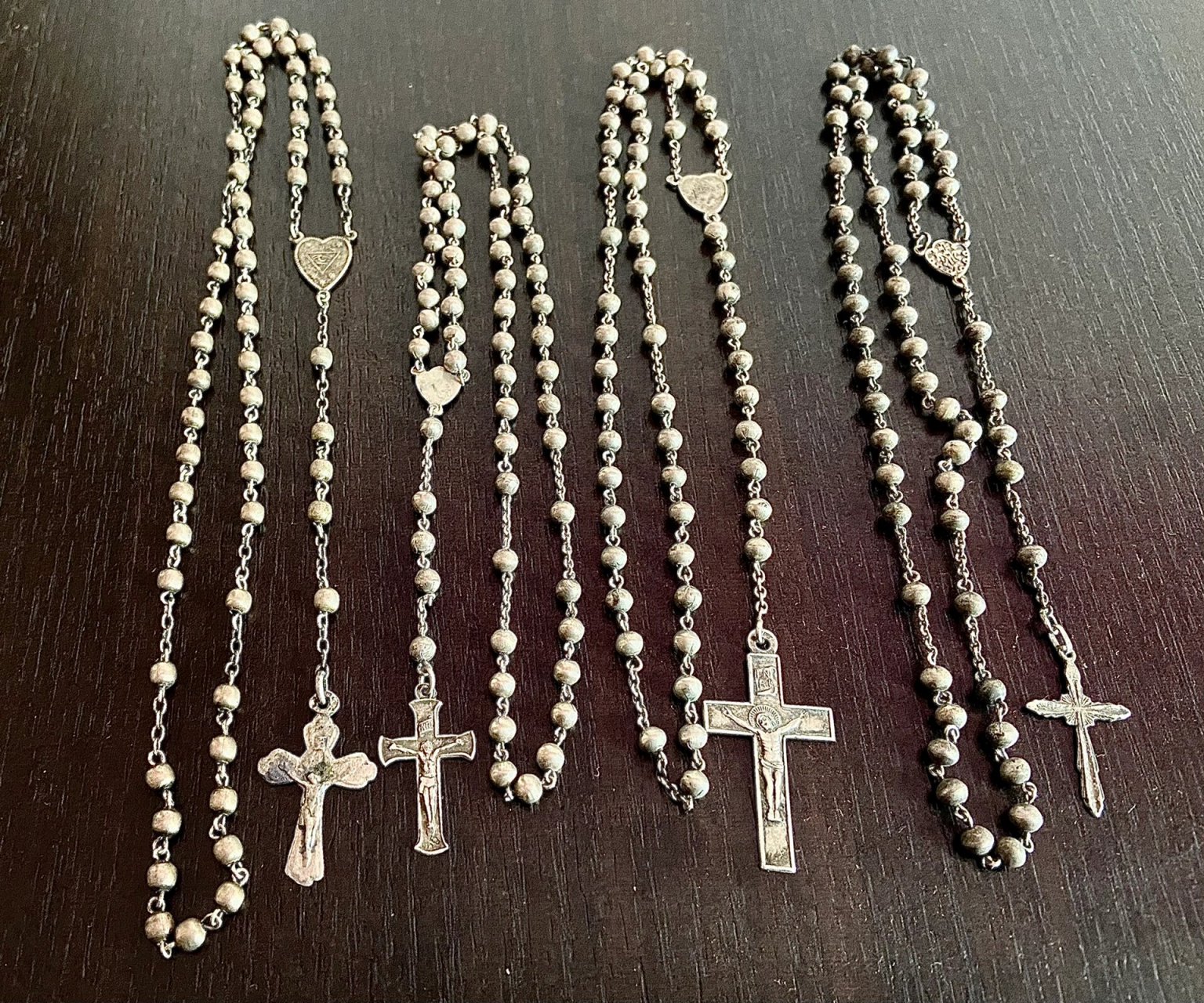 四条纯银老玫瑰经念珠 天主教念珠项链,老玫瑰经项链纯银的真不多见了