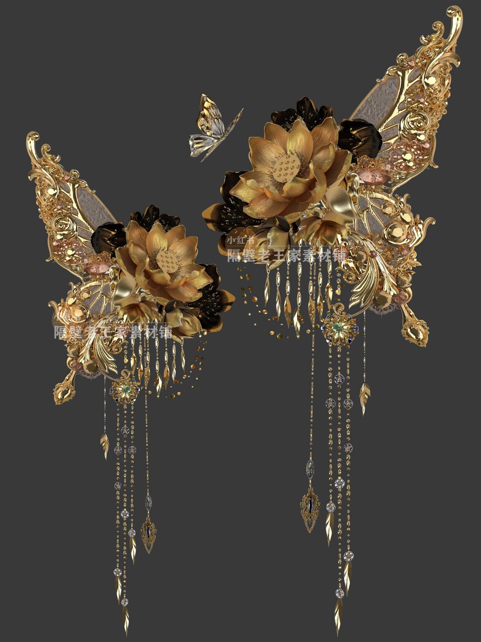 138  原创素材·半花半蝶~ 古风金饰品,发簪高清免扣素材 	 素材设计