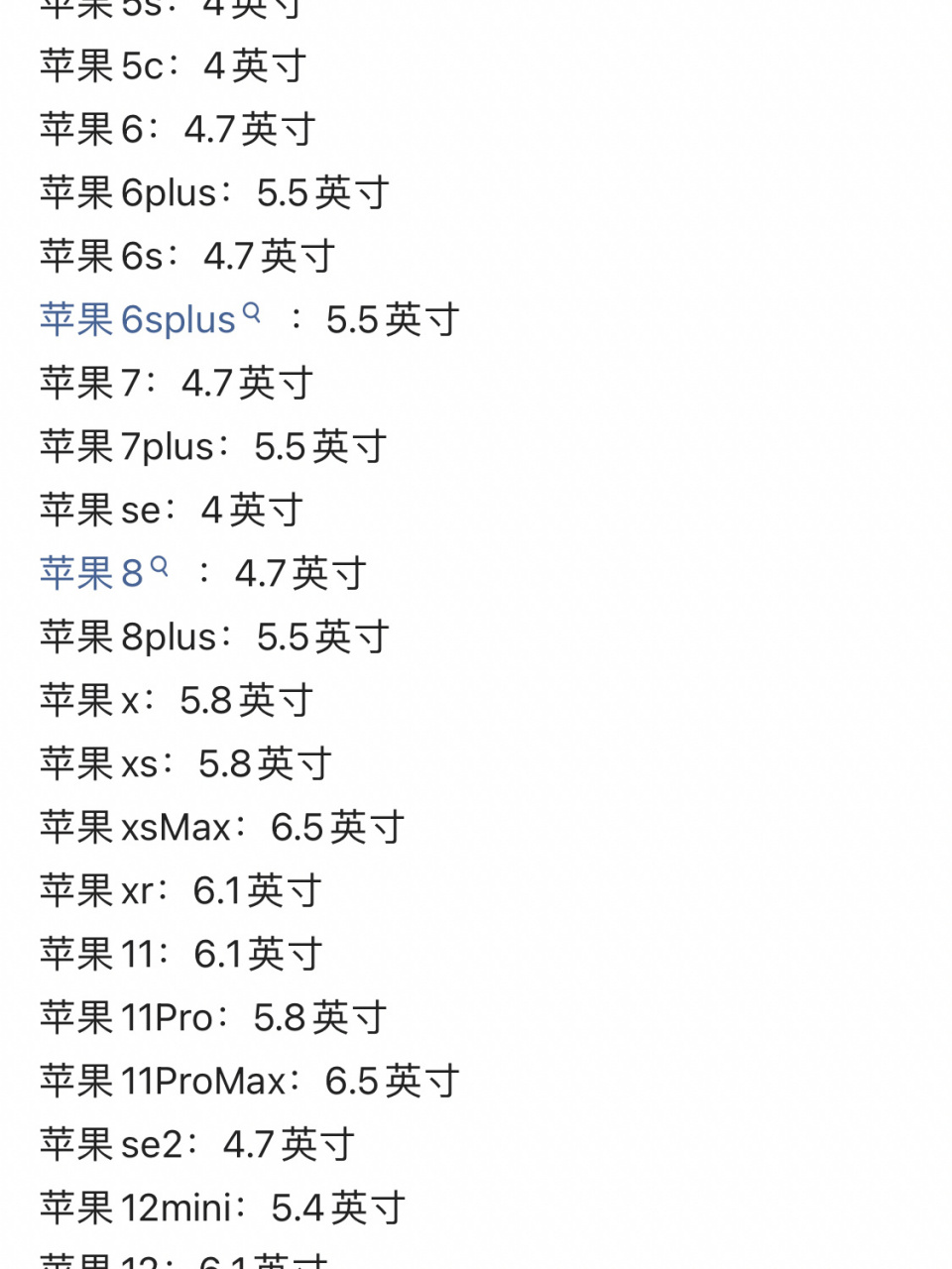 苹果尺寸对比 大小图片