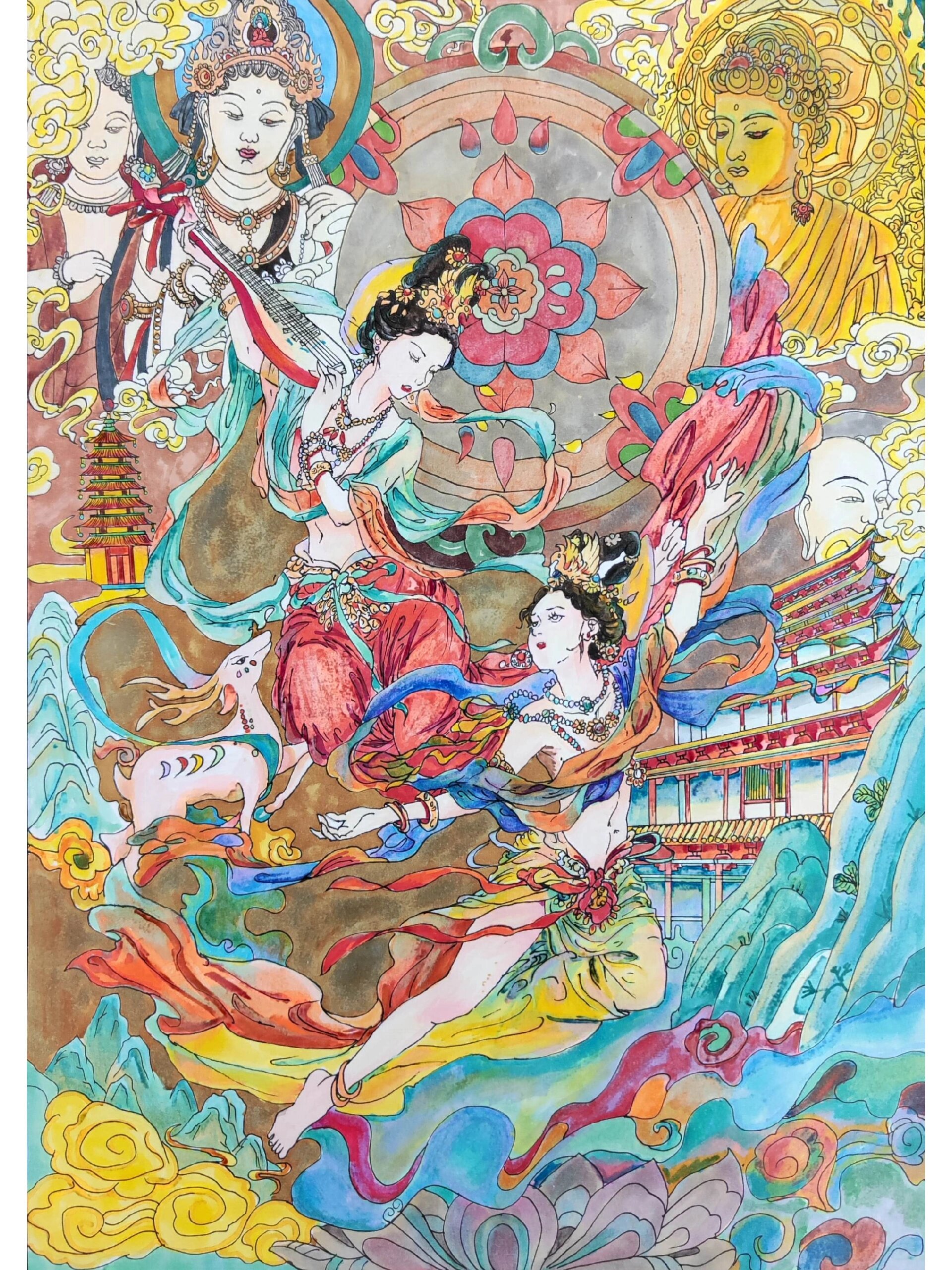 临摹作品,里面加了一些敦煌元素 敦煌飞天,原作者在这里马克笔绘画,会