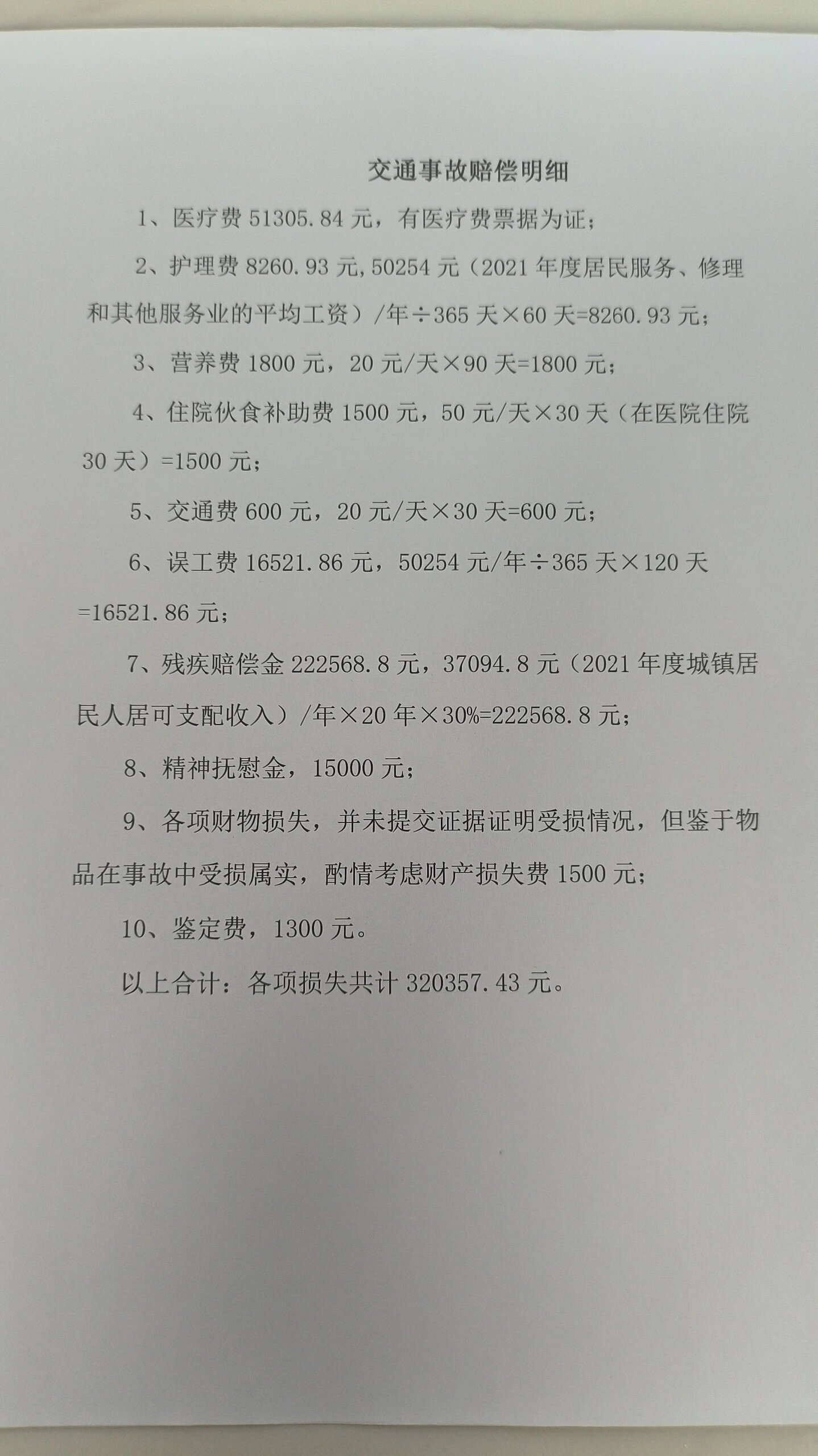 交通事故赔偿明细