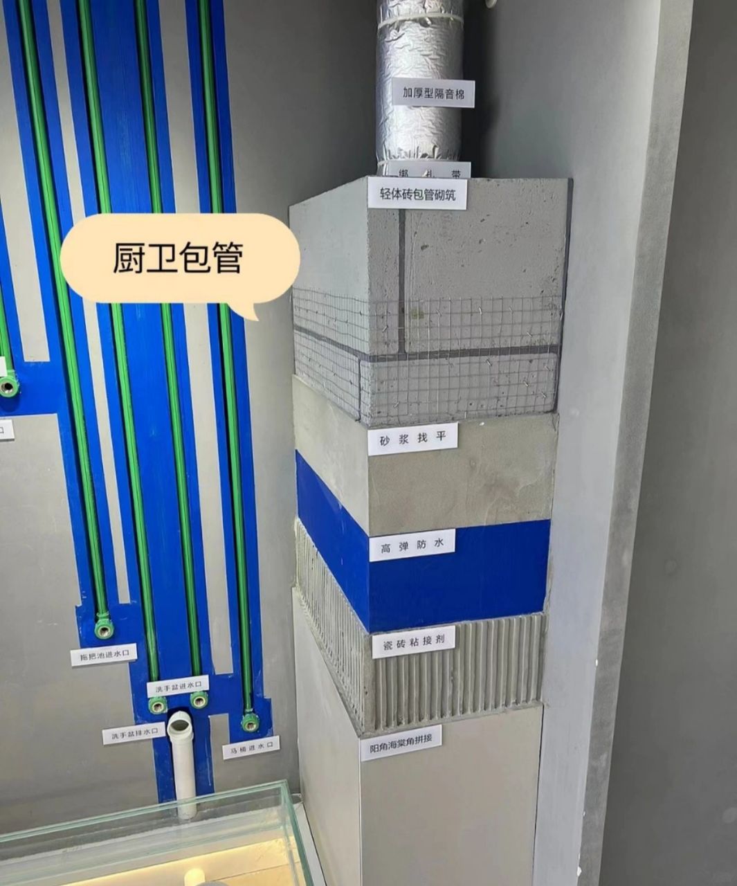 厨卫管道的包立管有很多种形式,比如用pvc或者亚克力材料包住,或者用